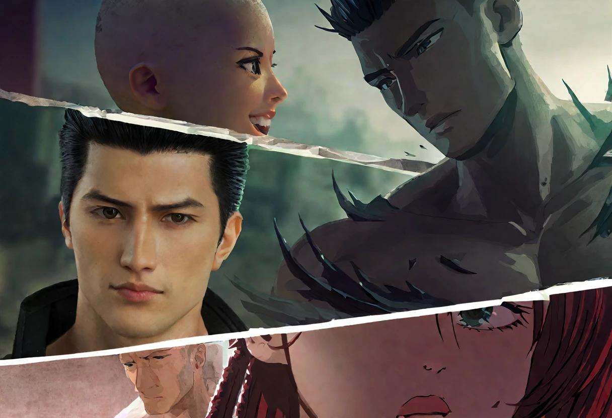 Saitama,confused,beautiful detailed eyes,beautiful detailed lips,extremely detailed eyes and face,longeyelashes,1 man(or 1 person),2:1 aspect ratio,handsome muscular body,black spiked hair,serious expression,expression of disbelief,"I'm his girlfriend":1.1,"couple photos":1.1,posing together, smiling,interacting with the crowd,asking the crowd for photos,"wrecked part of town":1.1,damaged buildings,rubble and debris,cracked pavement,dusty atmosphere,apocalyptic scene,post-fight setting,urban decay,dark and gritty,deserted streets,nighttime scene,moody lighting,high-contrast,shadows and highlights,monochromatic color palette with intense red accents,comic book style,gritty and realistic,masterpiece:1.2,ultra-detailed,eldritch,action-packed imagery