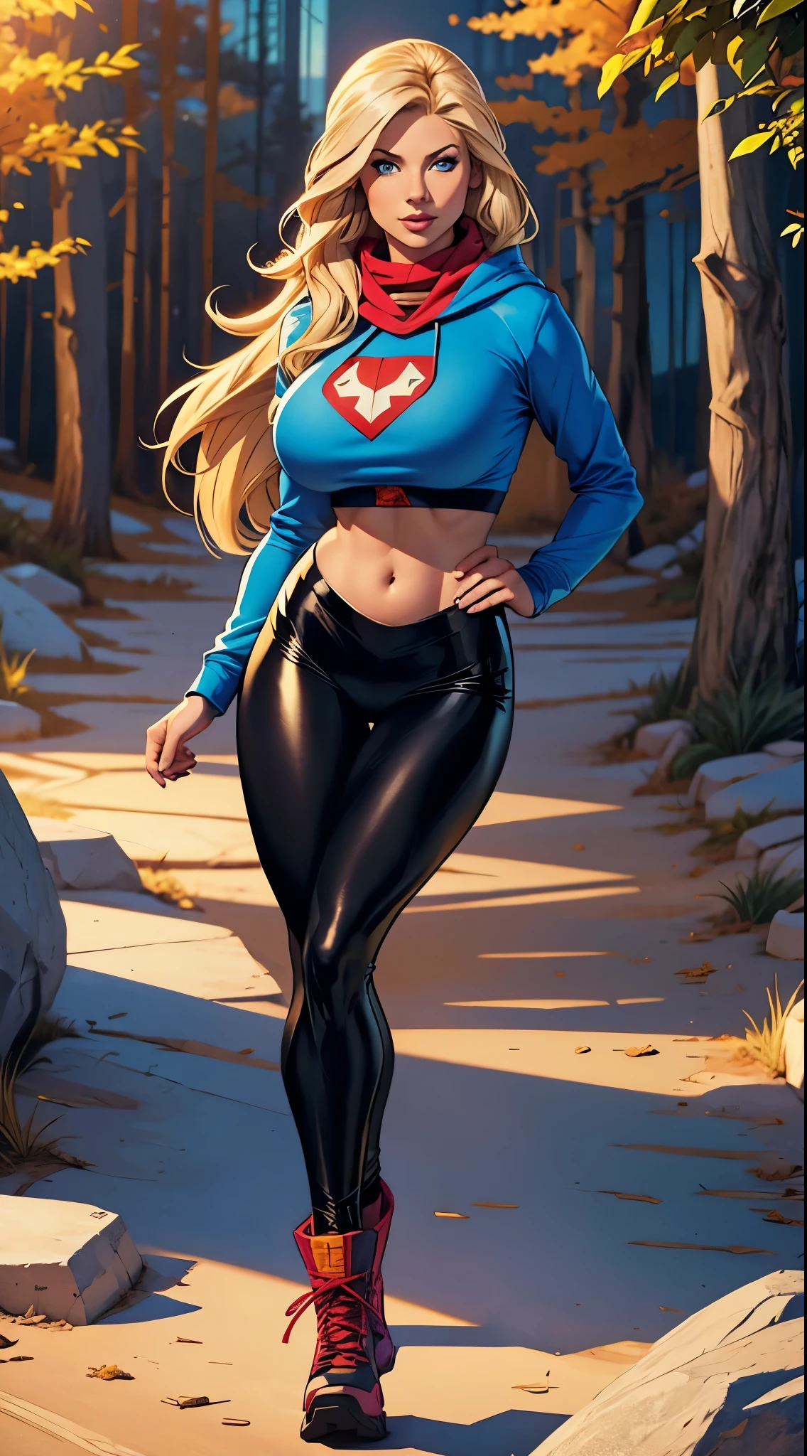 Only one woman with long straight light blonde hair.  Bright and expressive blue eyes.  She opted for black leggings, a hoodie and a scarf.  She was wearing hiking boots, big hip, long legs. Busty. Beautiful woman. Voluptuous girl. Comic style, marvel comics