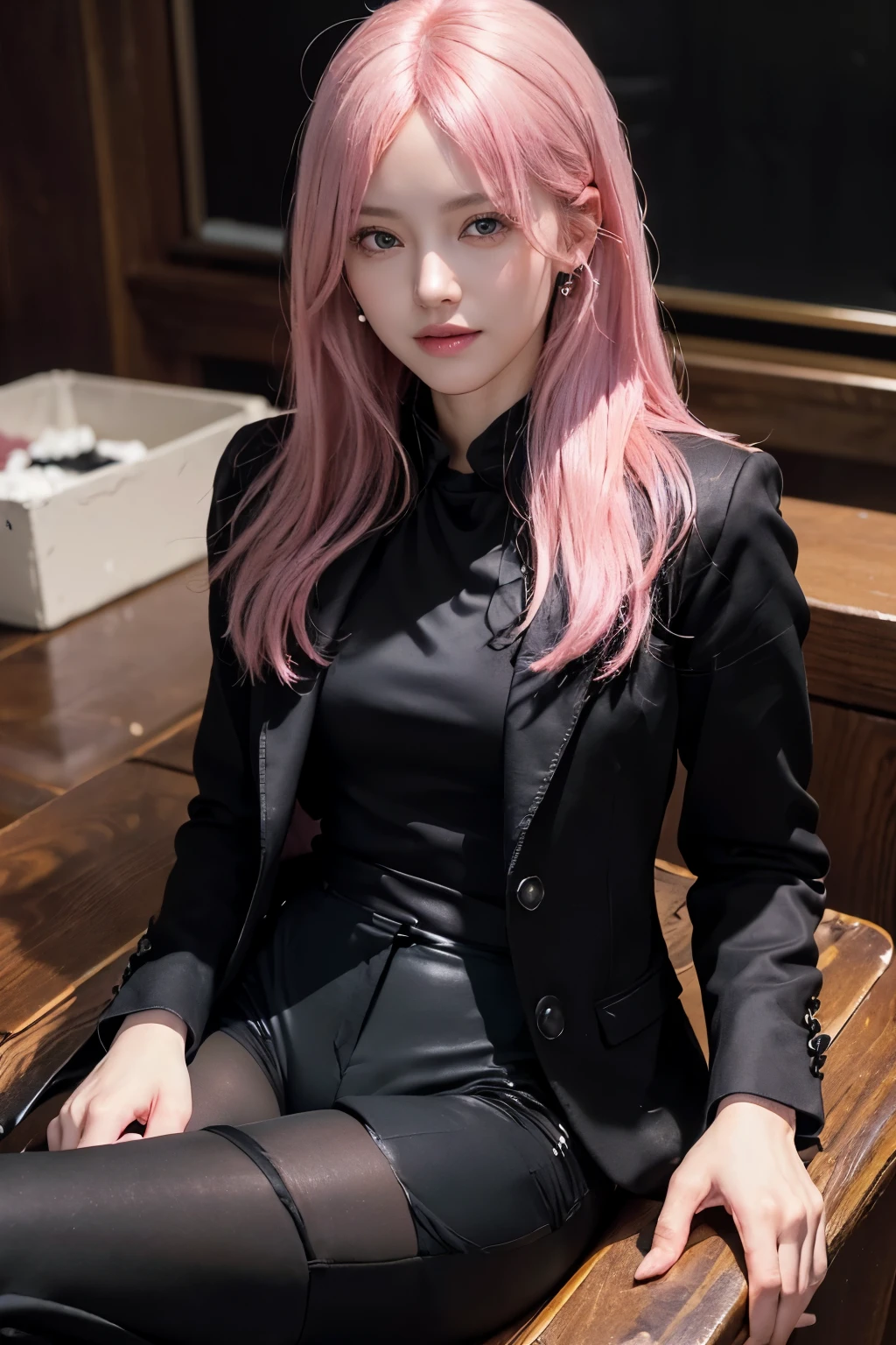 (8K, top-quality, masterpiece:1.2), (reallistic, Photorealistic:1.37), Super Detail, One girl,), (Highly detailed), (beautifully detailed eyes), (of the highest quality), (super detailed ), (masterpiece), (Detailed face),20yr old, ,1 girl, ((pink hair,long hair)), medium breasts, clothed, Perfect Lighting, BREAK, (black, tailored jacket:1.5), (white blouse:1.4), (black, straight-cut pants:1.5), (slim, sophisticated silhouette:1.2), (black tights:1.5), (black pumps:1.3), (pearl earrings:1.1), (conservative, formal:1.2), BRAKE, (upper body to knees visible:1.2), (long, pink hair:1.3), (smile:1.2), (front view:1.1), ,(looking at viewer:1.2), (sitting, legs together:1.2), (wooden desk, black leather chair:1.1), (bright, natural light:1.1)


