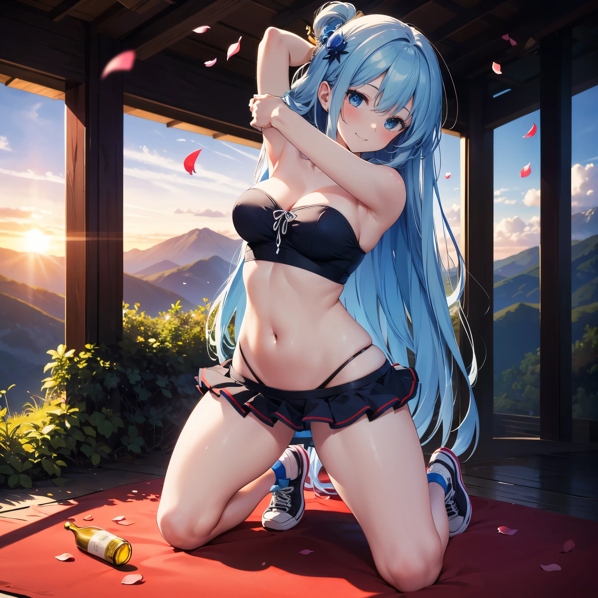 realistic image, detailed image, coherent image, 1 beautiful girl, she has very long hair, light blue hair, blue eyes, smiling expression. She is wearing a strapless top, showing her navel, a thin thong, a pleated miniskirt, sneakers, She has a curvy body, medium breasts and thick thighs, She is kneeling with her legs closed, arching her back, surrounded by bottles of alcohol, background of a mountainous landscape, flower petals falling around, sunset, twilight, soft focus, full body view, dramatic shadows, volumetric lighting, natural lighting,ksaqua