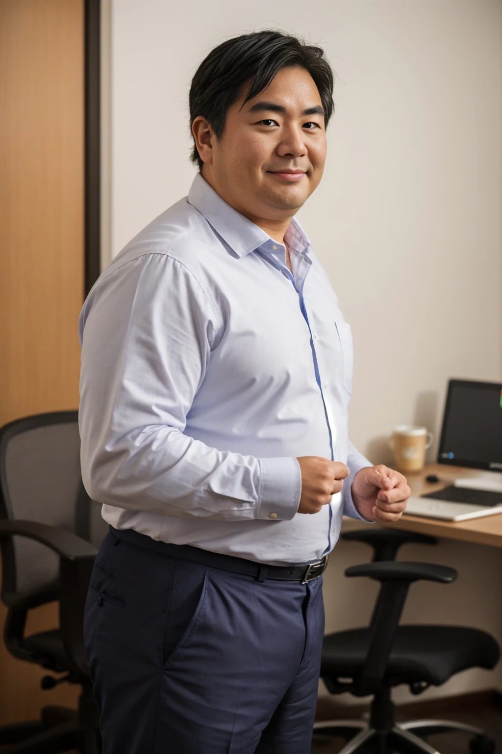 A little chubby Japanese male is 30 years old, A Japanese man in a business white shirt is standing next to another man, medium geeky hair, natural nerdy hair, He is looking at viewer, round face:2, droopy eyes, thick thighs, detailed mouth, In the office at night, a coffee break, Super detail, Anatomically correct, this image was taken with a medium telephoto lens, dark warehouse at night, smirking, a silver ring on his left ring finger, smirking, He opens his mouth a little, orgasm face, erotic humiliation, 