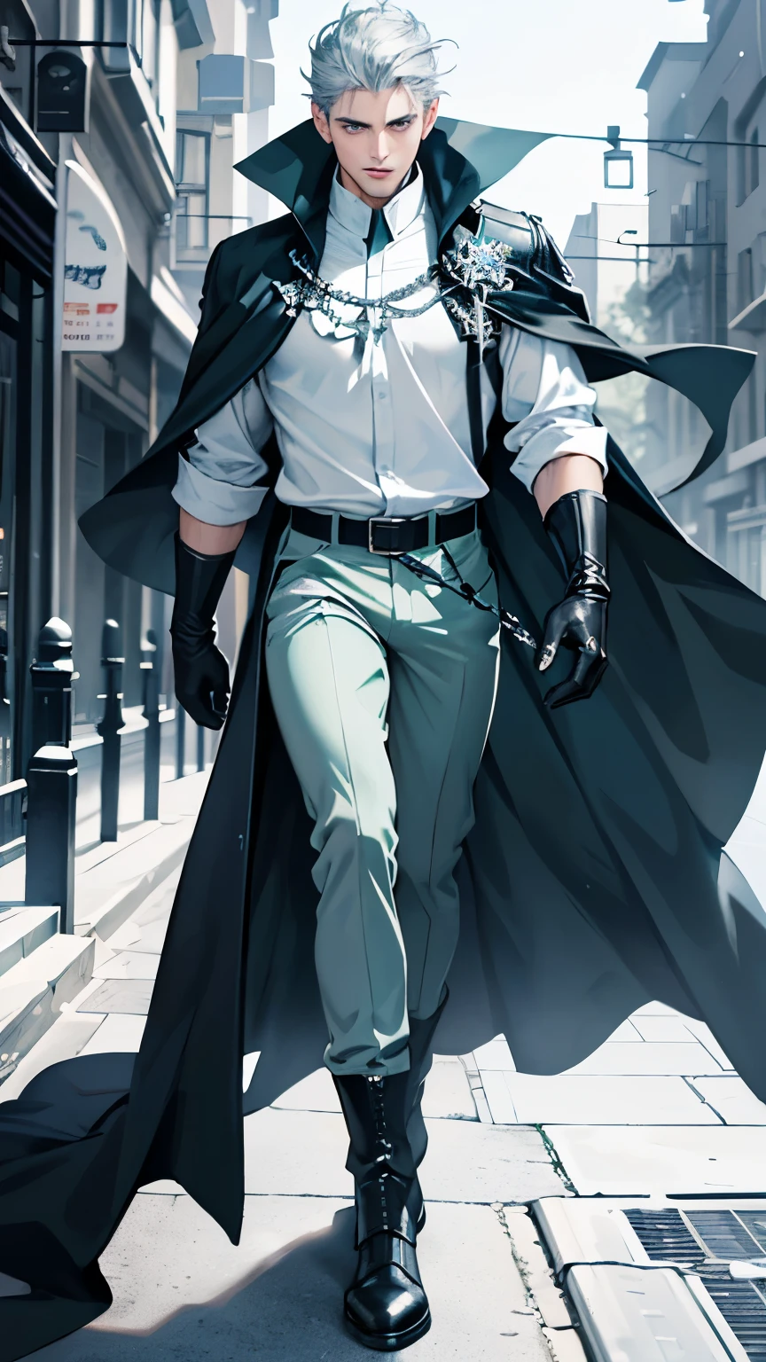 A young man, ice sorcerer, wearing a cloak made of crystal, white shirt, green pants, gloves, belt, and boots. Gray hair, gray eyes. (green pants) The prompt is: "A young man, ice sorcerer, wearing a cloak made of crystal, white shirt, green pants, gloves, belt, and boots. Gray hair, gray eyes. (best quality, 4k, highres, masterpiece:1.2), ultra-detailed, (realistic, photorealistic, photo-realistic:1.37), HDR, UHD, studio lighting, extreme detail description, professional, vivid colors, bokeh, portraits, icy blue color palette, ethereal lighting."