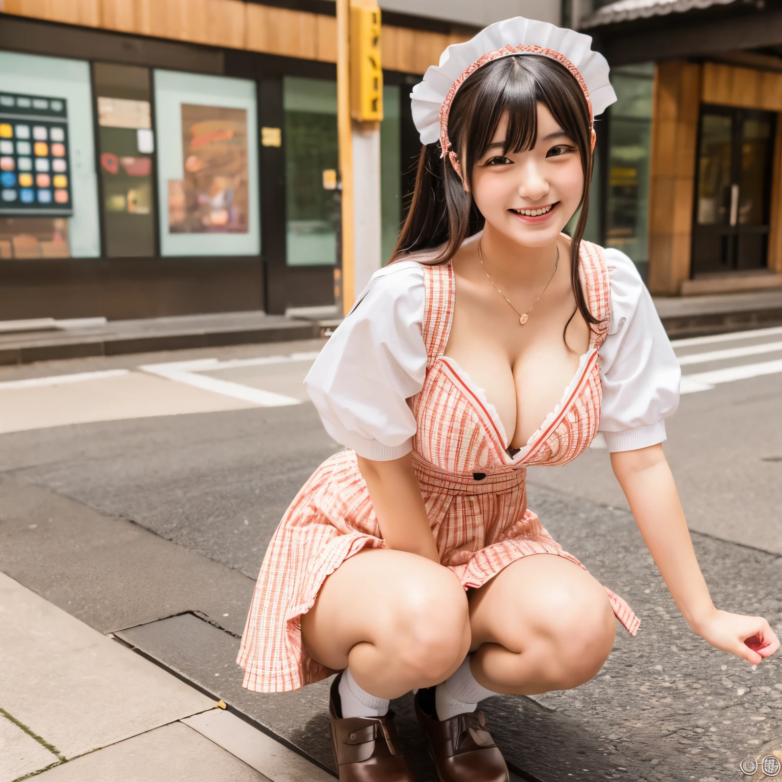 A 20-year-old maid with a cute face like an idol Smiling Kindly Japanese maid cafe outfit Maid clothes mini skirt Cosplay Cleavage Medium bust Squatting on the sidewalk RAW Photos Genuine Genuine Real Stick High resolution RAW Photos