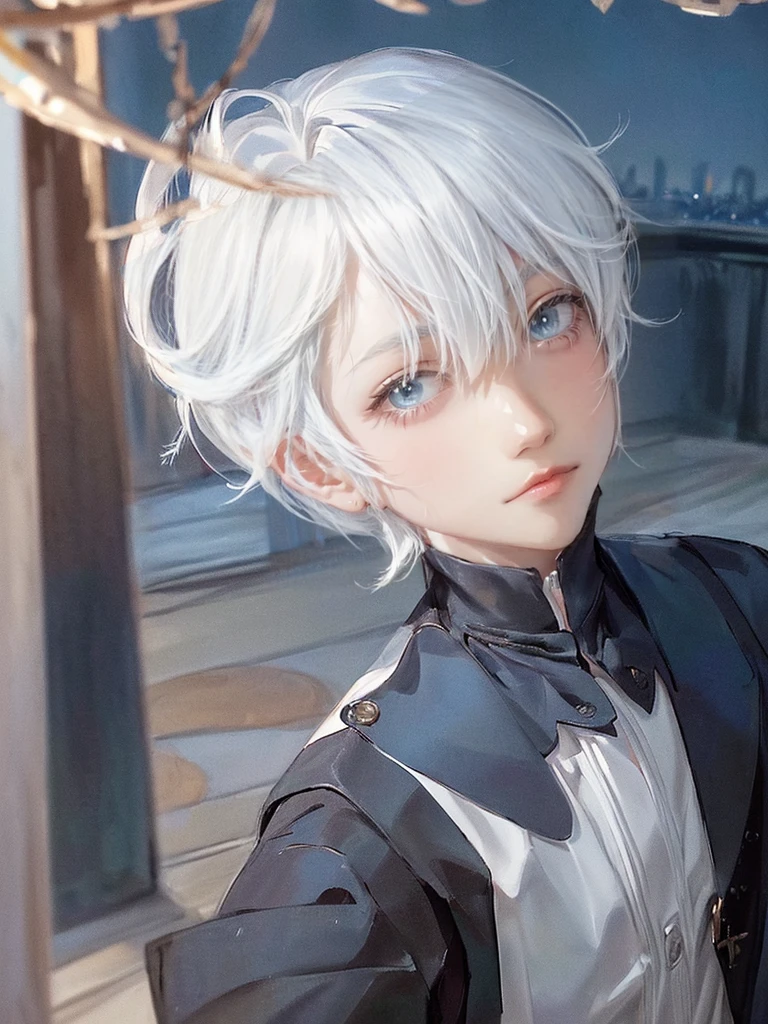 ((4K works))、​masterpiece、(top-quality)、One beautiful boy、Slim body、tall、((Black Y-shirt and white pants、Charming British knight style))、Please wear one jacket、(Detailed beautiful eyes)、Fantastic Night City、((City under the stars))、Fantastic city at midnight、((Face similar to Carly Rae Jepsen))、((Short-haired white hair))、((Smaller face))、((Neutral face))、((Bright blue eyes))、((American adult male))、((Adult male 26 years old))、((Cool Men))、((Like a celebrity))、((Crying expression))、((sad look))、((Korean Makeup))、((elongated and sharp eyes))、((Happy dating))、((boyish))、((Upper body photography))、Professional Photos、((Shot alone))、((She is looking up at the sky under the roof))、((Shot from the side))、((Crying profile))、((Face crying in pain))、((He is looking upwards))、((His eyes are looking down))、((He stands next to the viewer))、((He who cries))、I'm crying on a stick.、Man crying while standing、Solitude、saddened、desolate、suffocating、heartbreaking、auw