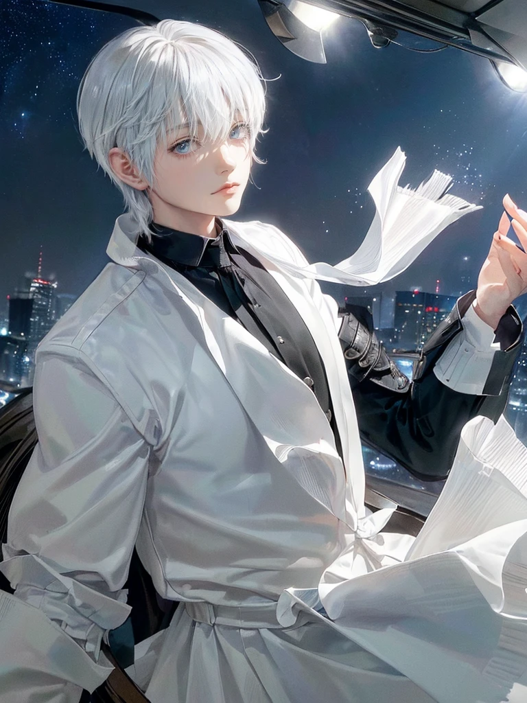 ((4K works))、​masterpiece、(top-quality)、One beautiful boy、Slim body、tall、((Black Y-shirt and white pants、Charming British knight style))、Please wear one jacket、(Detailed beautiful eyes)、Fantastic Night City、((City under the stars))、Fantastic city at midnight、((Face similar to Carly Rae Jepsen))、((Short-haired white hair))、((Smaller face))、((Neutral face))、((Bright blue eyes))、((American adult male))、((Adult male 26 years old))、((Cool Men))、((Like a celebrity))、((Crying expression))、((sad look))、((Korean Makeup))、((elongated and sharp eyes))、((Happy dating))、((boyish))、((Upper body photography))、Professional Photos、((Shot alone))、((She is looking up at the sky under the roof))、((Shot from the side))、((Crying profile))、((Face crying in pain))、((He is looking upwards))、((His eyes are looking down))、((He stands next to the viewer))、((He who cries))、I'm crying on a stick.、Man crying while standing、Solitude、saddened、desolate、suffocating、heartbreaking、auw