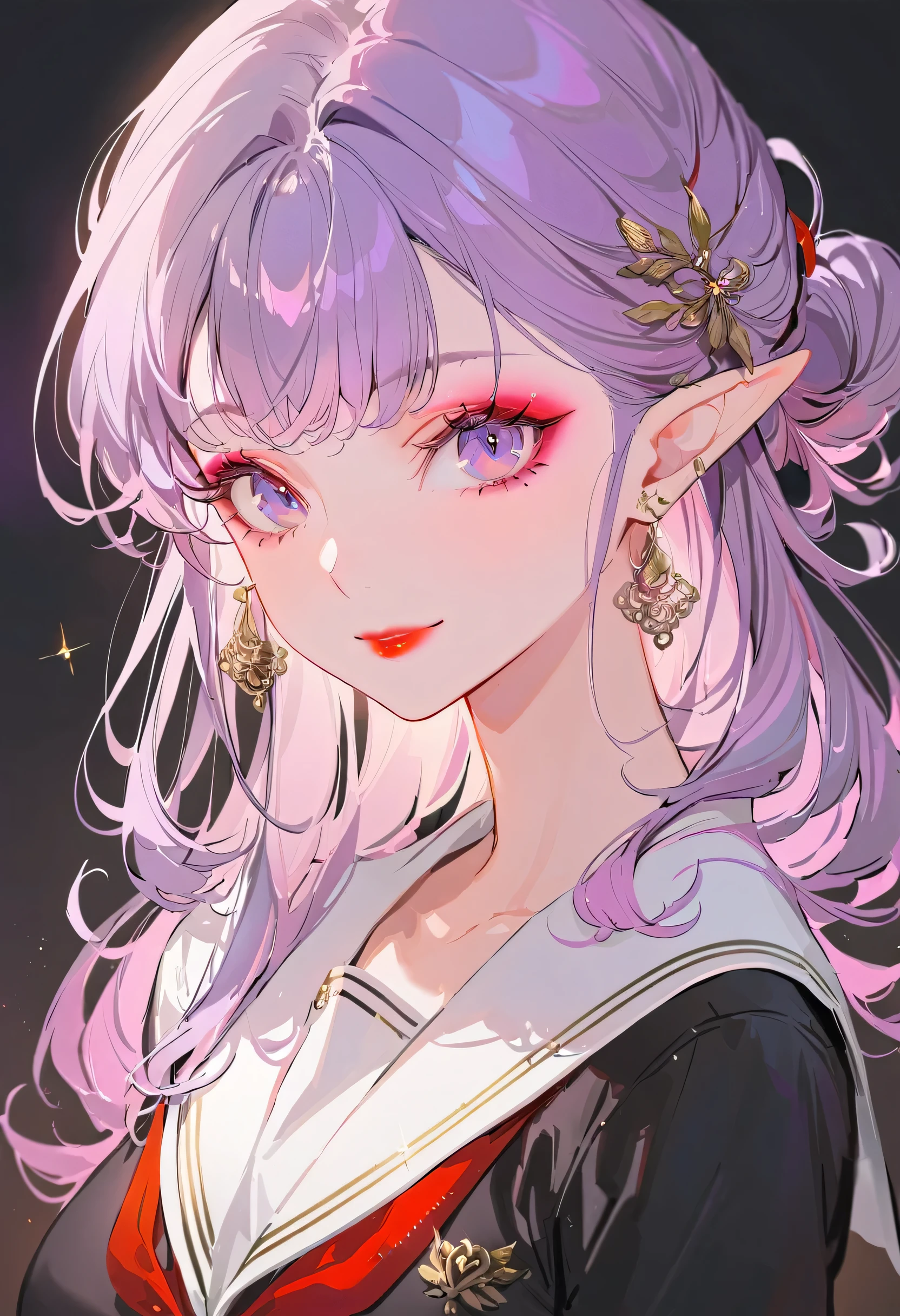 (best quality,ultra-detailed,highres:1.2),beautiful girl with flawless face,The cutest girl in the world,Exquisite makeup,purple eyes,makeup,eyelashes,lipstick,(tsurime:1.2),glint,seductive smile,serafuku,large breasts,purple hair,(elf:1.2),pointy ears,red eyeshadow