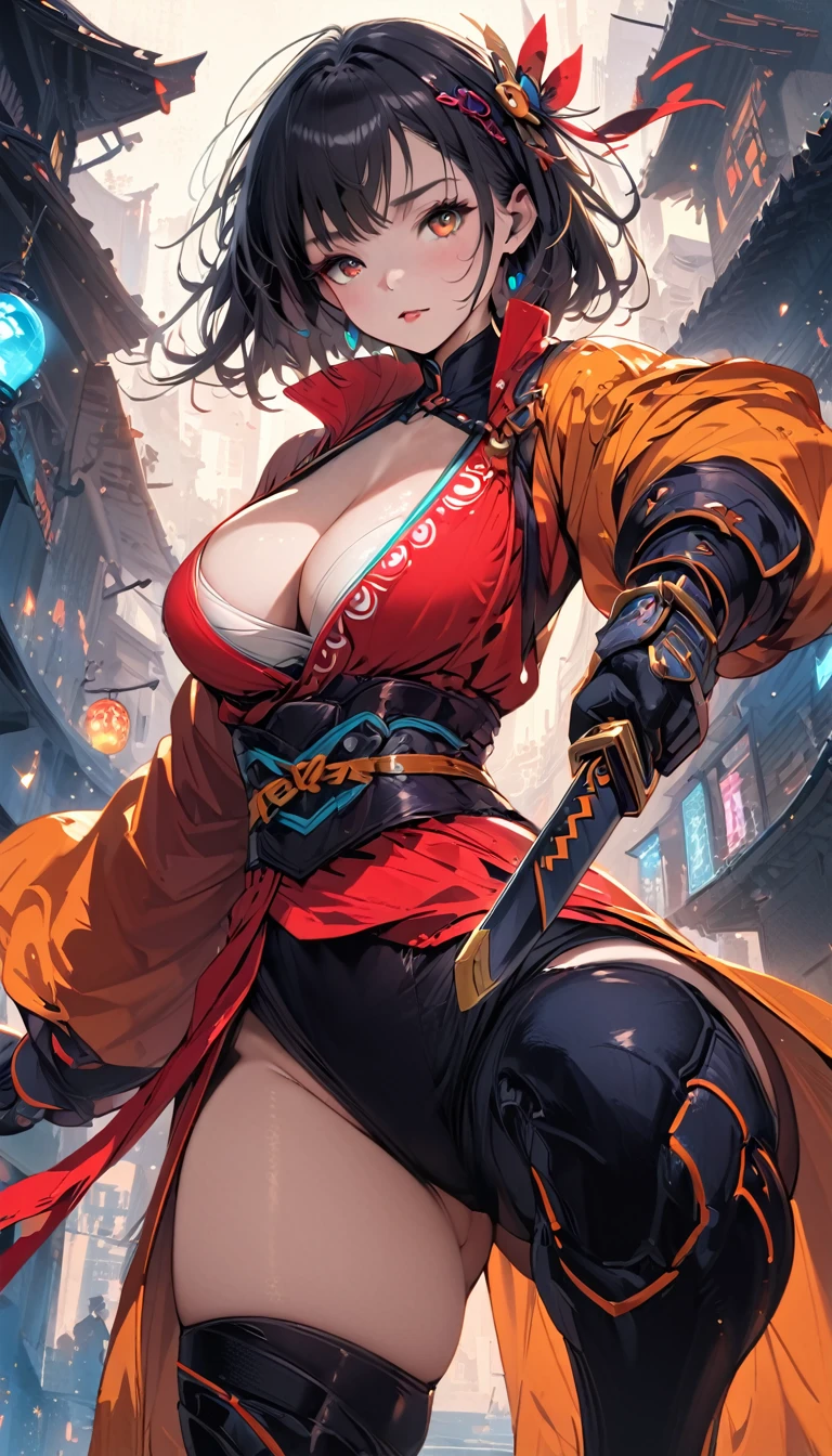 8k_wallpaper, extremely detailed eyes, extremely detailed body, (large masterpiece digital art), (detailed manga illustration), (detailed line art), ((perfect anatomy)), (intricate details:1.3), (ultra-detailed:1.3), (illustration:1.3), (sharp focus:1.3), (natural lighting:1.05), (vivid colors:1.3), (masterpiece), best quality, expressive eyes, perfect face, 1 girl, breasts, cleavage, gloves, large breasts, sarashi, traditional clothes, cerulean clothes, black hair, short hair, messy hair, dark brown eyes, hourglass physique, loose-fitting pants, dynamic pose, large ass, pale skin, shrine maiden, tomboy, combat boots, drawing sword, spirits,