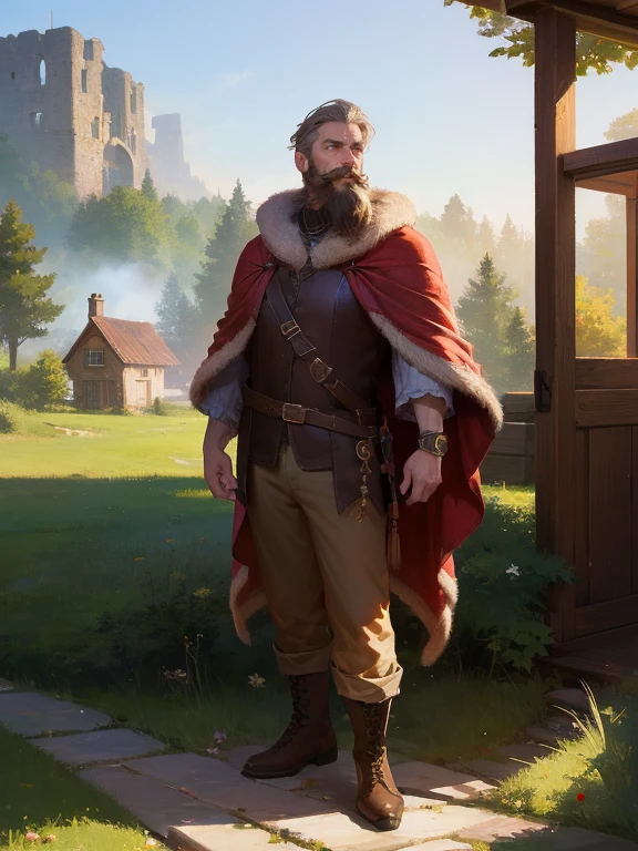 masterpiece, best quality, rpg character art, epic fantasy art style, Master Elderwood, 50 year old man, big build, big laugh, full body fantasy concept art, full beard and mustache, mustache connects to beard, grey hair with a few light brown streaks, high detail, (large Red fur poncho, tan pants, brown boots), intricate details, ultra high resolution, sharp focus, HD, 8k, clear facial features, clear details, background is a cozy cottage in the woods, zoomed out view, looking at the viewer