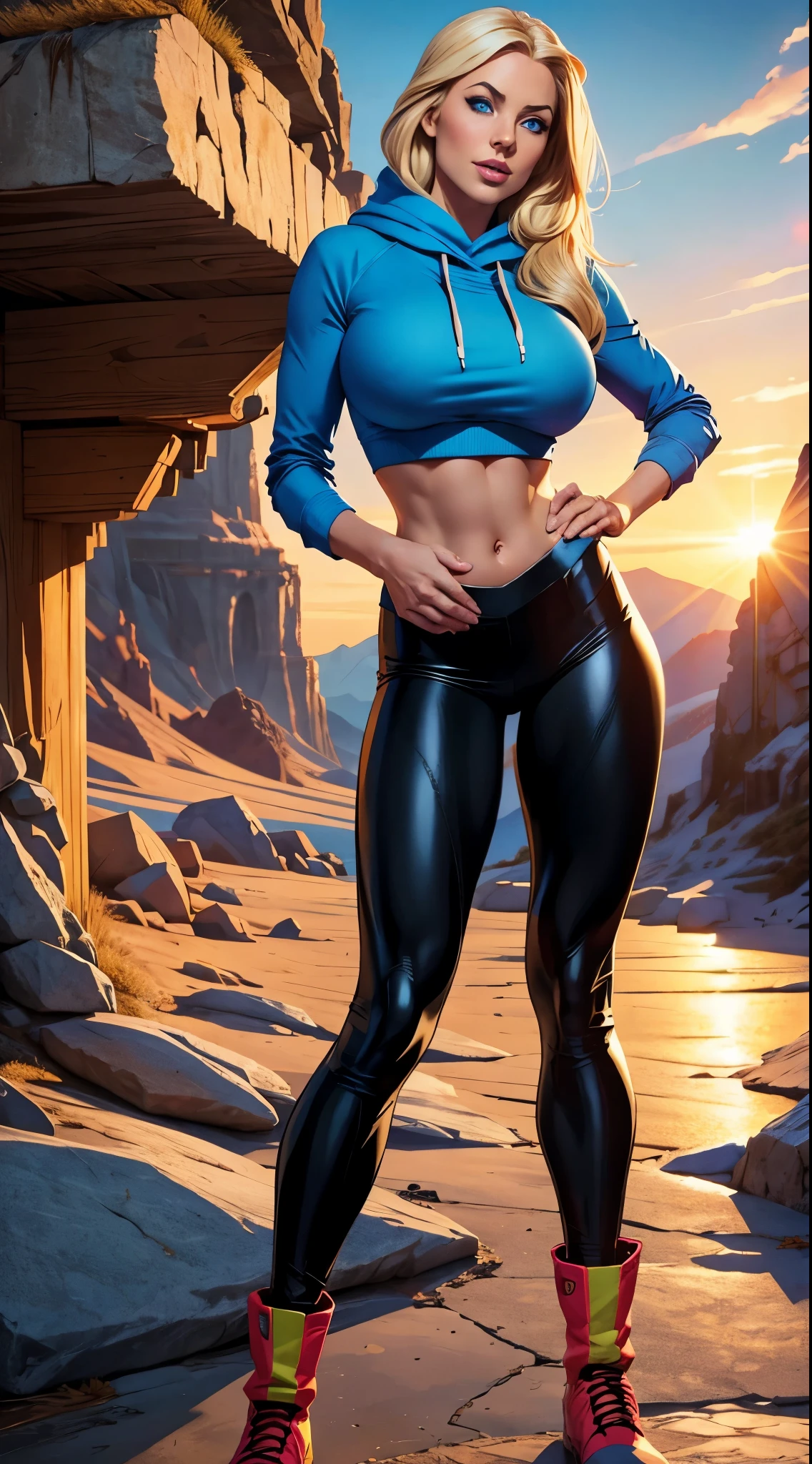 Only one woman with long straight light blonde hair.  Bright and expressive blue eyes.  She opted for black leggings, a hoodie and a scarf.  She was wearing hiking boots, big hip, long legs. Busty. Beautiful woman. Comic style, marvel comics