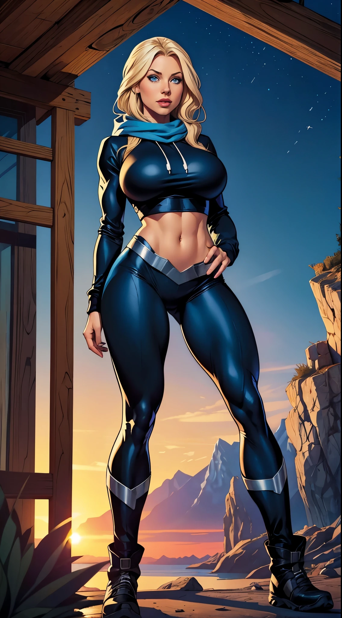 Only one woman with long straight light blonde hair. Bright and expressive blue eyes. She opted for black leggings, a hoodie and a scarf. She was wearing hiking boots, big hip, long legs. Busty. Beautiful woman. Voluptuous girl. Comic style, marvel comics