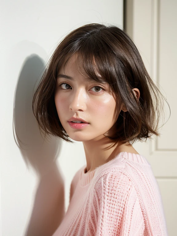 White wall、In front of a white door、(窓のあるWhite wallの部屋)、Photographed in natural light、Highly detailed face and skin texture、Highly detailed lips、The correct state of the human body、超A high resolution、(Photorealistic:1.4)、highest quality, 1. Beautiful Women, 36 years old, S, 35mm lens、Light pink knit、(ダークブラウンミディアムshort hair)、Black-haired、short hair、(Dark brown hair)、Various poses、Don&#39;t look at the camera、profile、Natural color lip、Autumn Clothes、Winter clothes、 necklace、The eye color is dark brown、(Dark brown shortcuts)