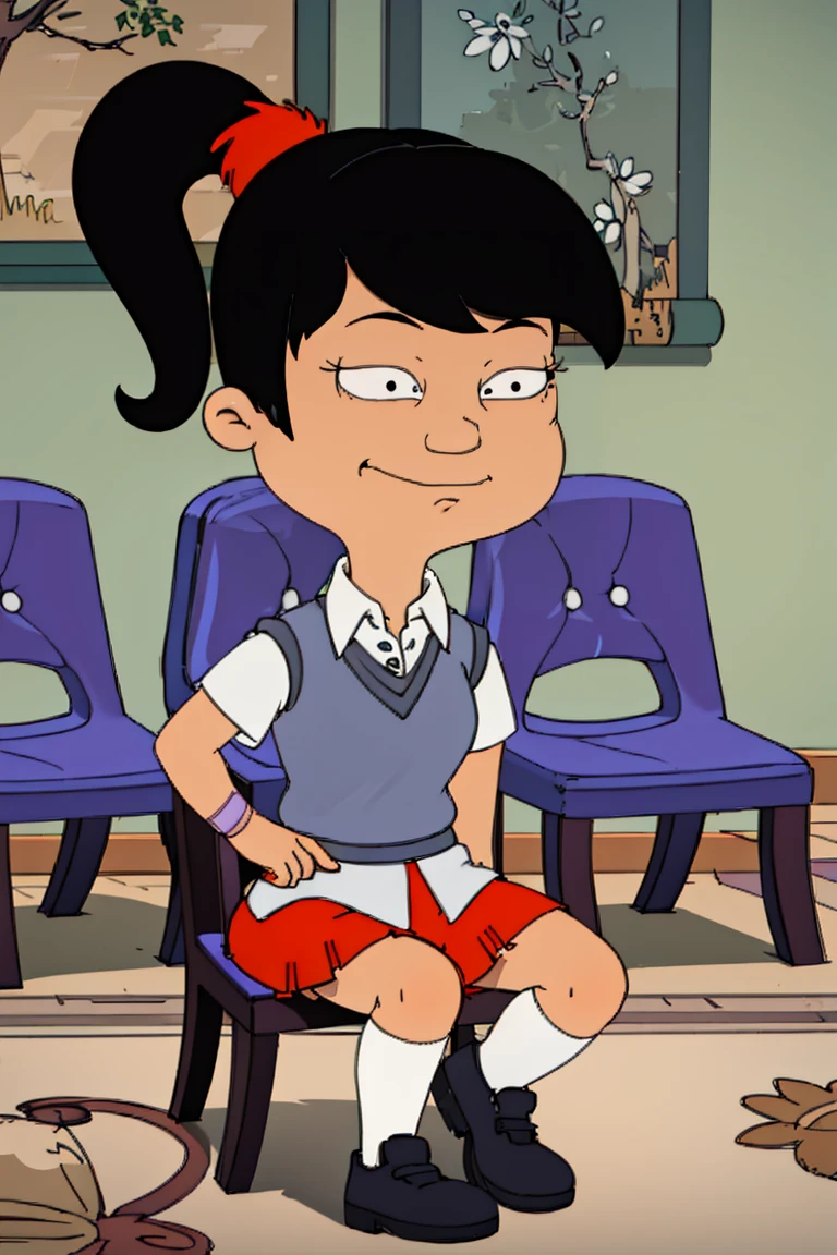 akiko, 1girl, black hair, solo, ponytail, sweater vest, , orange skirt, socks, shirt, short sleeves, shoes, smile,looking at viewer, american dad,dot pupils, panties, sitting on chair, spread legs, skirt lift, upskirt view , cameltoe, smiling,