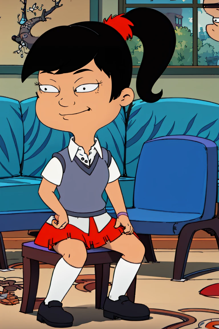 akiko, 1girl, black hair, solo, ponytail, sweater vest, , orange skirt, socks, shirt, short sleeves, shoes, smile,looking at viewer, american dad,dot pupils, panties, sitting on chair, spread legs, skirt lift, upskirt view , cameltoe, smiling,