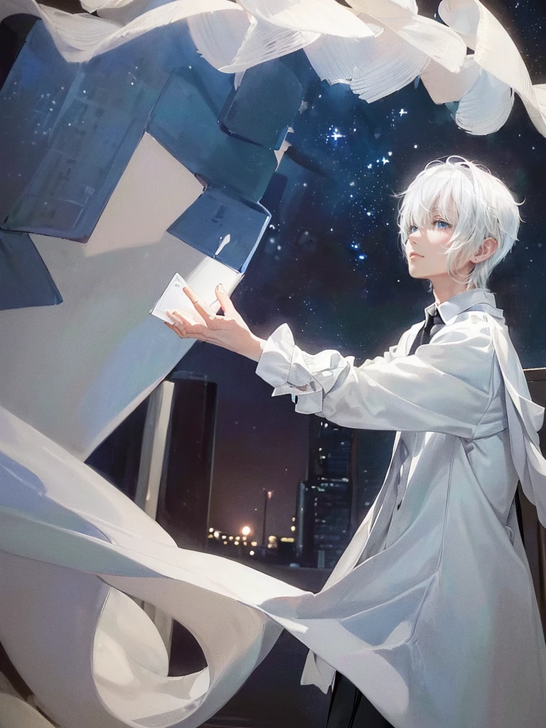 ((4K works))、​masterpiece、(top-quality)、One beautiful boy、Slim body、tall、((Black Y-shirt and white pants、Charming British knight style))、Please wear one jacket、(Detailed beautiful eyes)、Fantastic Night City、((City under the stars))、Fantastic city at midnight、((Face similar to Carly Rae Jepsen))、((Short-haired white hair))、((Smaller face))、((Neutral face))、((Bright blue eyes))、((American adult male))、((Adult male 26 years old))、((Cool Men))、((Like a celebrity))、((Crying expression))、((sad look))、((Korean Makeup))、((elongated and sharp eyes))、((Happy dating))、((boyish))、((Upper body photography))、Professional Photos、((Shot alone))、((She is looking up at the sky under the roof))、((Shot from the side))、((Crying profile))、((Face crying in pain))、((He is looking upwards))、((His eyes are looking down))、((He stands next to the viewer))、((He who cries))、I'm crying on a stick.、Man crying while standing、Solitude、saddened、desolate、suffocating、heartbreaking、auw