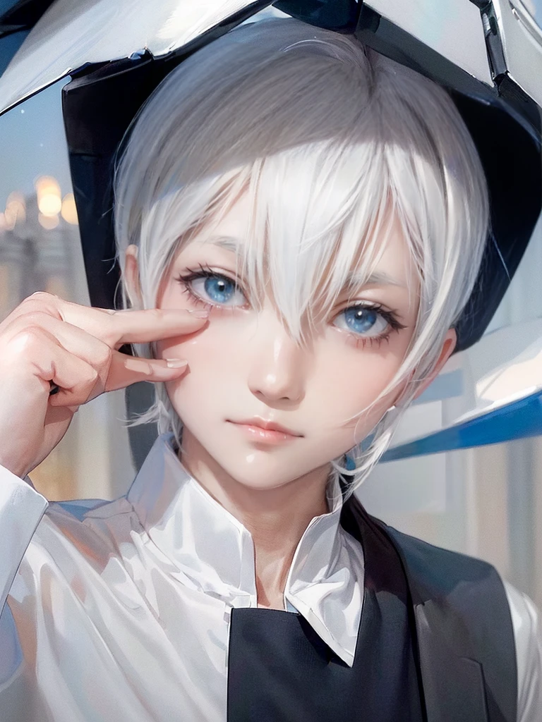 ((4K works))、masterpiece、(top-quality)、One beautiful boy、Slim body、tall、((Black Y-shirt and white pants、Charming British knight style))、Please wear one jacket、(Detailed beautiful eyes)、Fantastic Night City、((City under the stars))、Fantastic city at midnight、((Face similar to Carly Rae Jepsen))、((Short-haired white hair))、((Smaller face))、((Neutral face))、((Bright blue eyes))、((American adult male))、((Adult male 26 years old))、((Cool Men))、((Like a celebrity))、((Crying expression))、((sad look))、((Korean Makeup))、((elongated and sharp eyes))、((Happy dating))、((boyish))、((Upper body photography))、Professional Photos、((Shot alone))、((She is looking up at the sky under the roof))、((Shot from the side))、((Crying profile))、((Face crying in pain))、((He is looking upwards))、((His eyes are looking down))、((He stands next to the viewer))、((He who cries))、I'm crying on a stick.、Man crying while standing、Solitude、saddened、desolate、suffocating、heartbreaking、auw