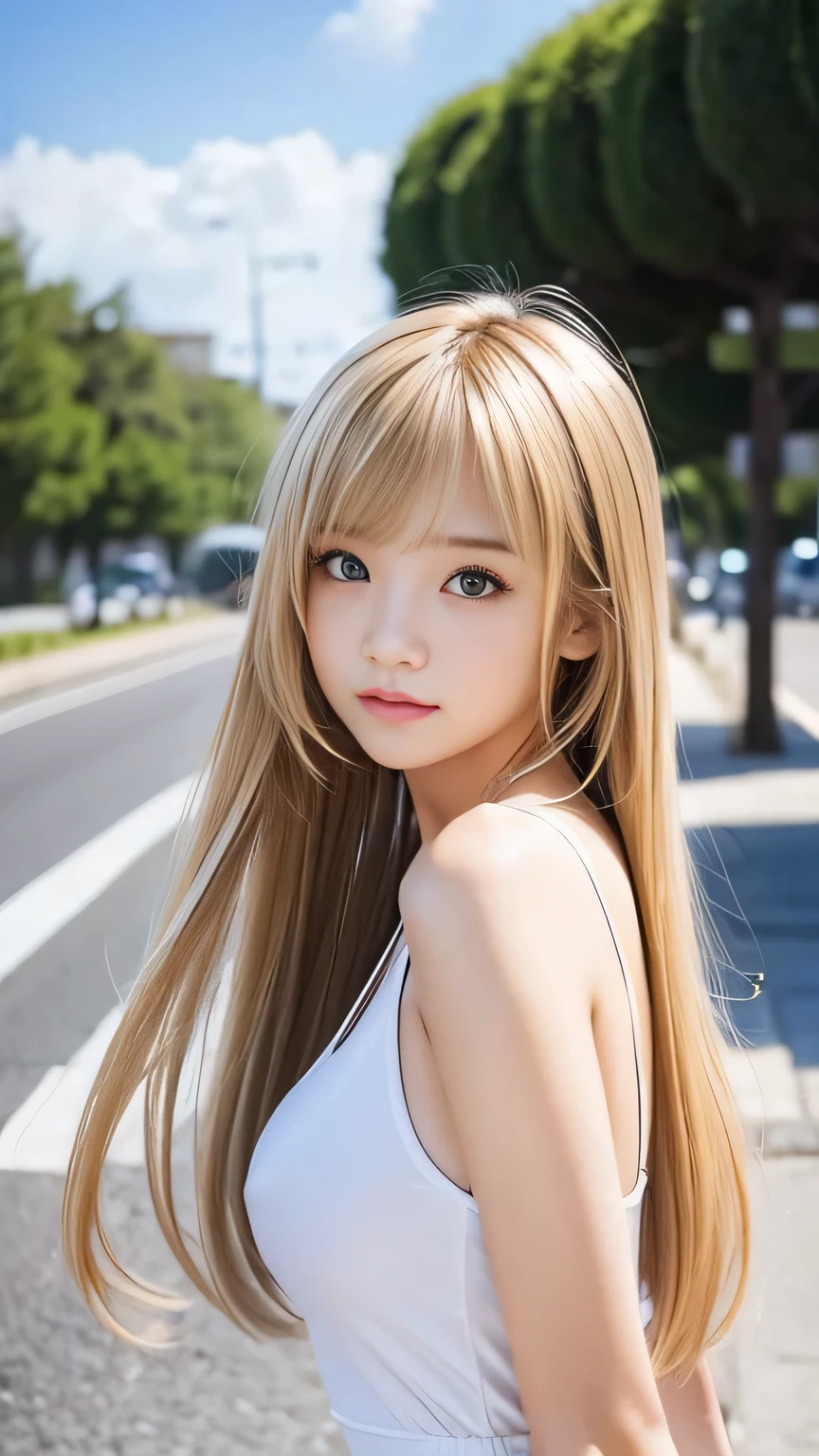 Sexy big 、Sexy cute looks and cute 15 year old beautiful girl, Beautiful and sexy face、A strong wind blows my hair in front of my face、With straight blonde hair、Beautiful, cute and sexy eyes hidden behind long bangs、Sexy one piece