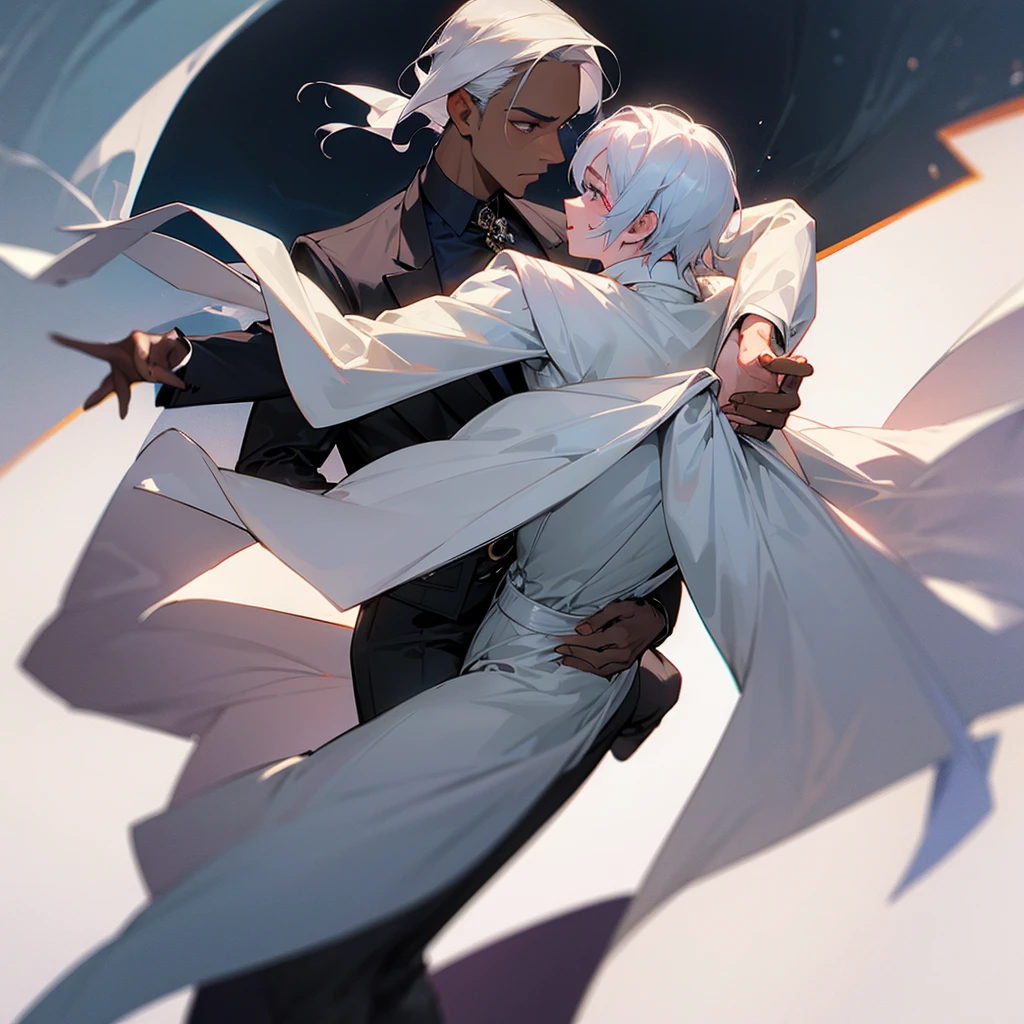 2 men dancing, a dark-skinned man with drags and an albino