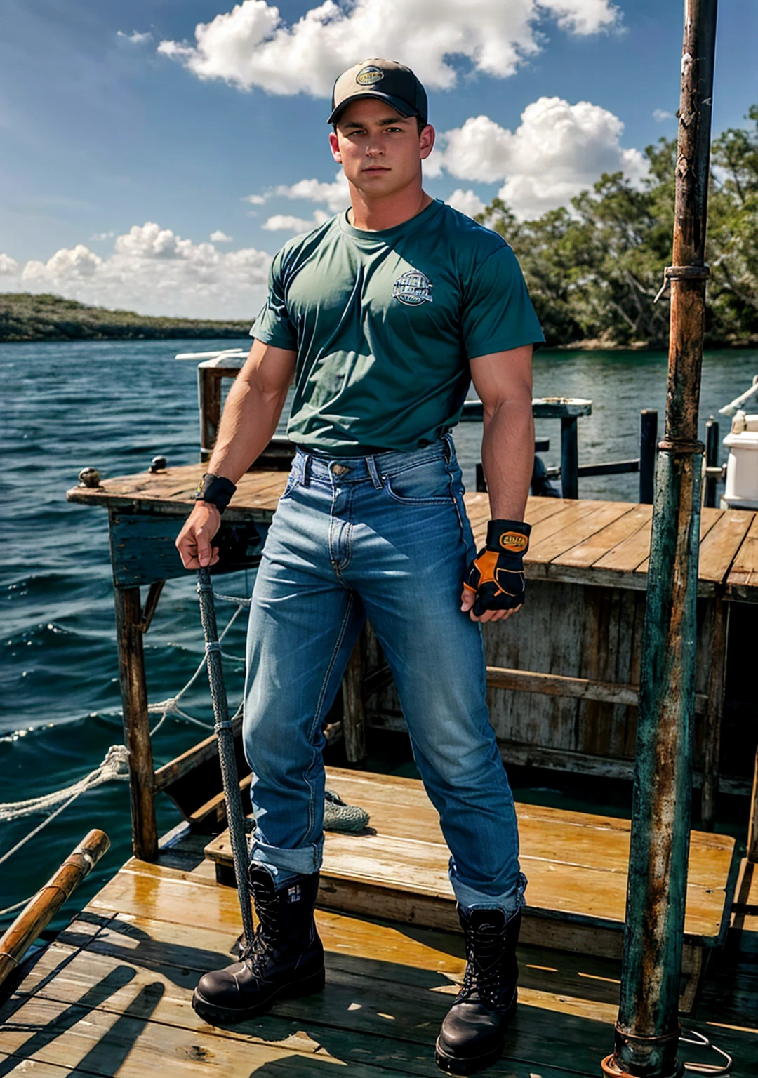 Gulf of Mexico, Standing on the deck of a shrimp boat, Travis Wade，strong body，pectoralis major，Long nipples, Wear a work shirt that fits you well, Blue Jeans, Black work boots, Work gloves, Holding a green fishing net, (((Full body portrait))), Wide Angle 