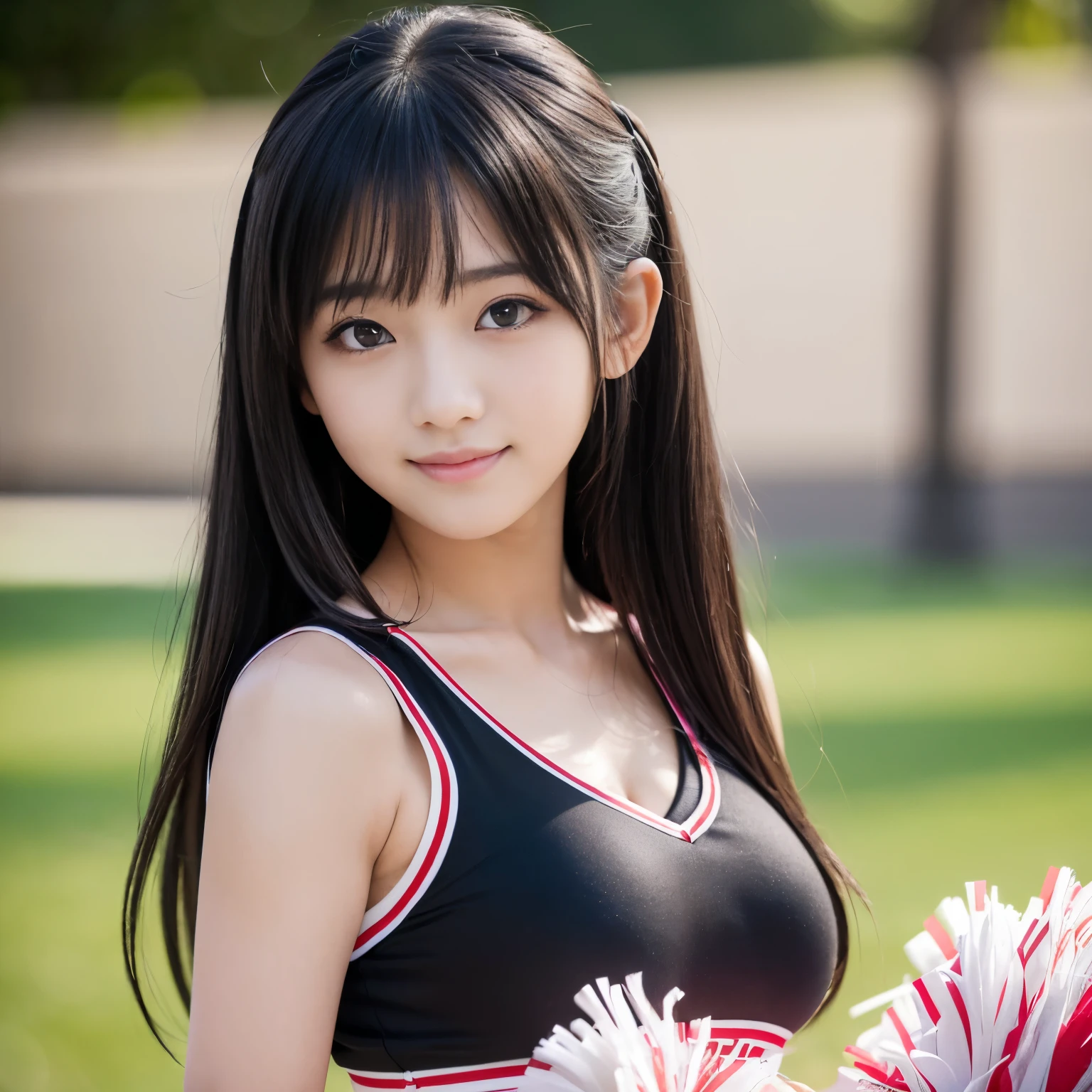 (Best-quality, Masterpiece, Ultra-High-Resolution, (Photorealistic:1.4), Raw Photo, depth of field, professional lighting, perfect anatomy, extremely details), 1girl, 15-years-old, the most famous Japanese idol, portrait, wearing cheerleading costume with cute-design, detailed cheerleading-costume-with-cute-design, (extremely cute face like the most popular Japanese idol, ((extremely cute big-black-eyes)), extremely cute hair, extremely cute skins, extremely cute long-eyelashes, extremely cute lips, extremely cute childish-body), looking at viewer, innocent smile, (((feeling extremely strong sexual arousal and extremely strong sexual pleasure)))
