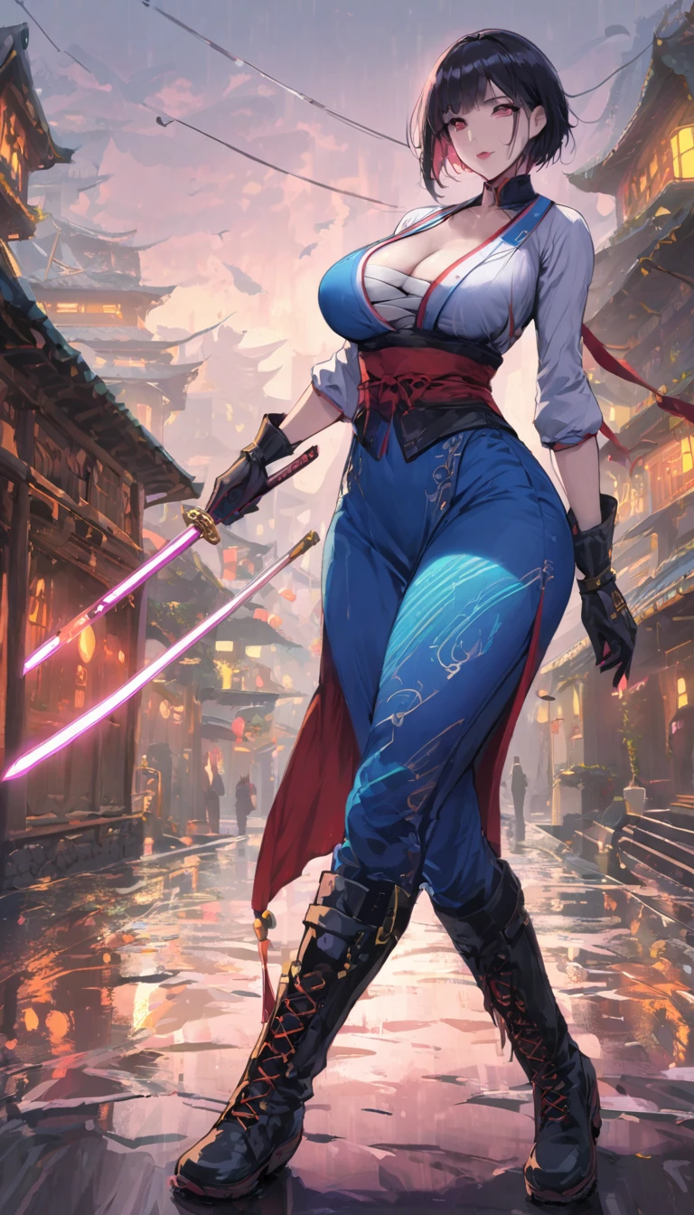 8k_wallpaper, extremely detailed eyes, extremely detailed body, (large masterpiece digital art), (detailed manga illustration), (detailed line art), ((perfect anatomy)), (intricate details:1.3), (ultra-detailed:1.3), (illustration:1.3), (sharp focus:1.3), (natural lighting:1.05), (vivid colors:1.3), (masterpiece), best quality, expressive eyes, perfect face, 1 girl, breasts, cleavage, gloves, large breasts, sarashi, traditional clothes, cerulean clothes, black hair, short hair, messy hair, dark brown eyes, hourglass physique, loose-fitting pants, dynamic pose, large ass, pale skin, shrine maiden, tomboy, combat boots, drawing sword, spirits,