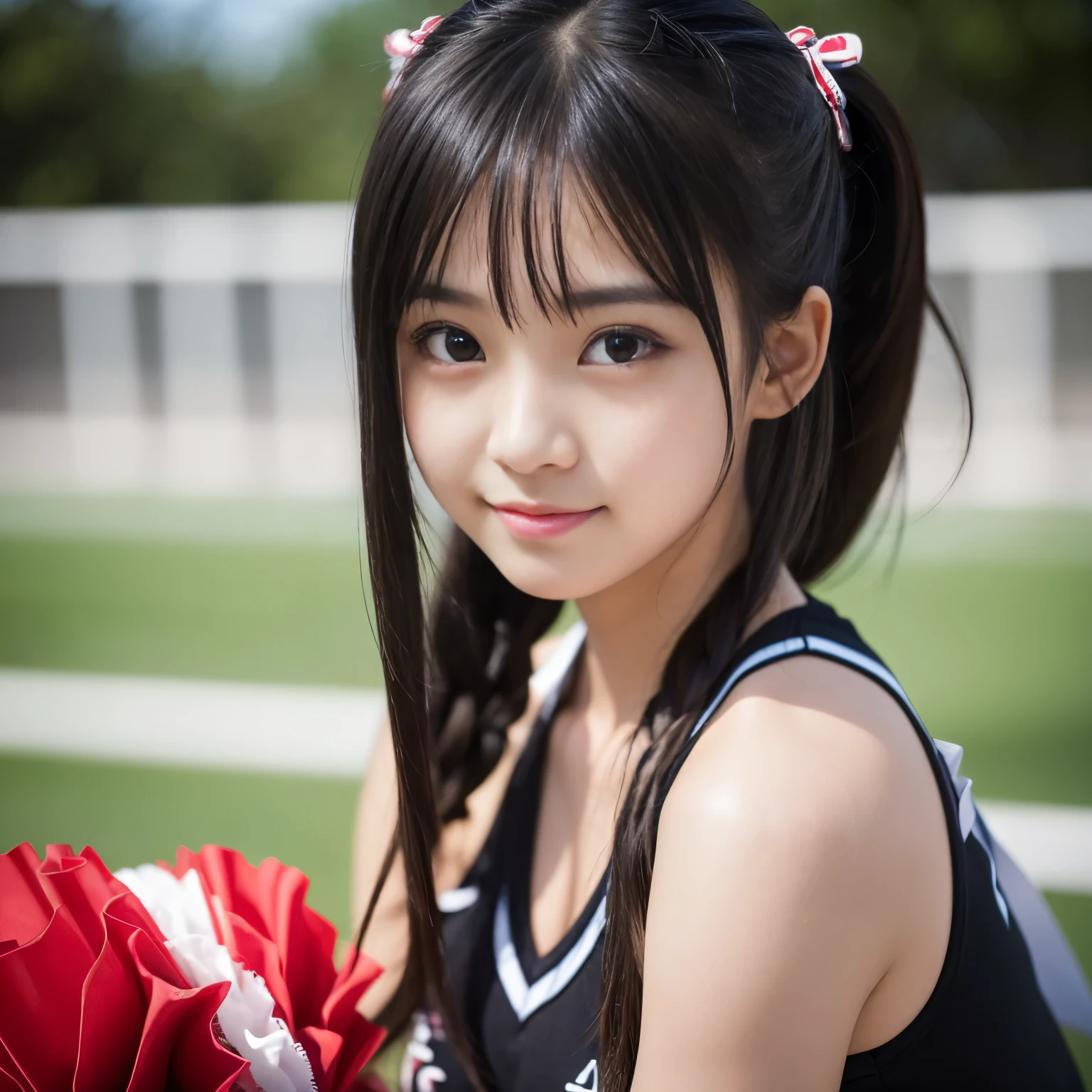 (Best-quality, Masterpiece, Ultra-High-Resolution, (Photorealistic:1.4), Raw Photo, depth of field, professional lighting, perfect anatomy, extremely details), 1girl, -yeld, thost famous Japanese idol, portrait, wearing cheerleading costume with cute-design, detailed cheerleading-costume-with-cute-design, (extremely cute face like the most popular Japanese idol, ((extremely cute big-black-eyes)), extremely cute hair, extremely cute skins, extremely cute long-eyelashes, extremely cute lips, extremely cute childish-b looking at viewer, innocent smile, (((feeling extremely strong sexual arousal and extremely strong sexual pleasure)))