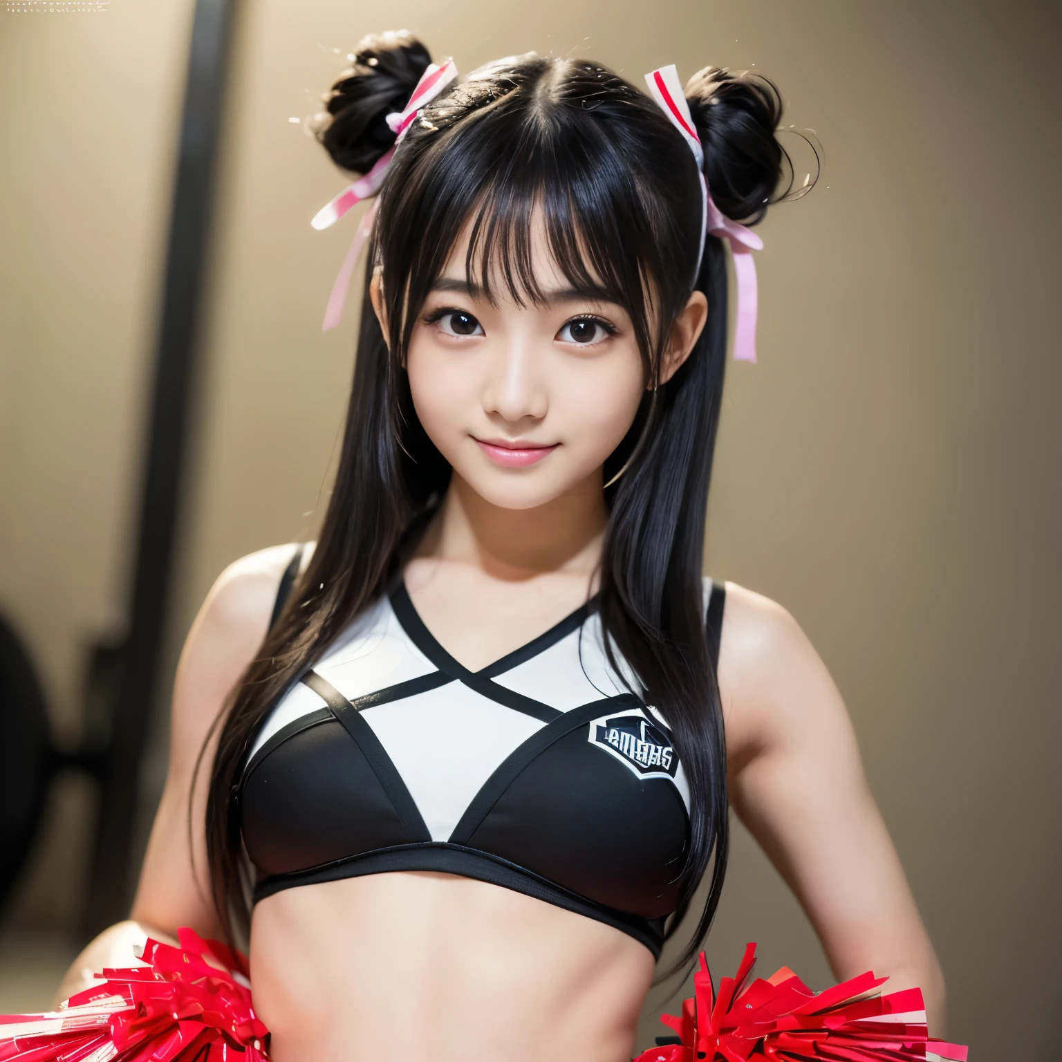 (Best-quality, Masterpiece, Ultra-High-Resolution, (Photorealistic:1.4), Raw Photo, depth of field, professional lighting, perfect anatomy, extremely details), 1girl, -yeld, thost famous Japanese idol, portrait, wearing cheerleading costume with cute-design, detailed cheerleading-costume-with-cute-design, (extremely cute face like the most popular Japanese idol, ((extremely cute big-black-eyes)), extremely cute hair, extremely cute skins, extremely cute long-eyelashes, extremely cute lips, extremely cute childish-b looking at viewer, innocent smile, (((feeling extremely strong sexual arousal and extremely strong sexual pleasure)))