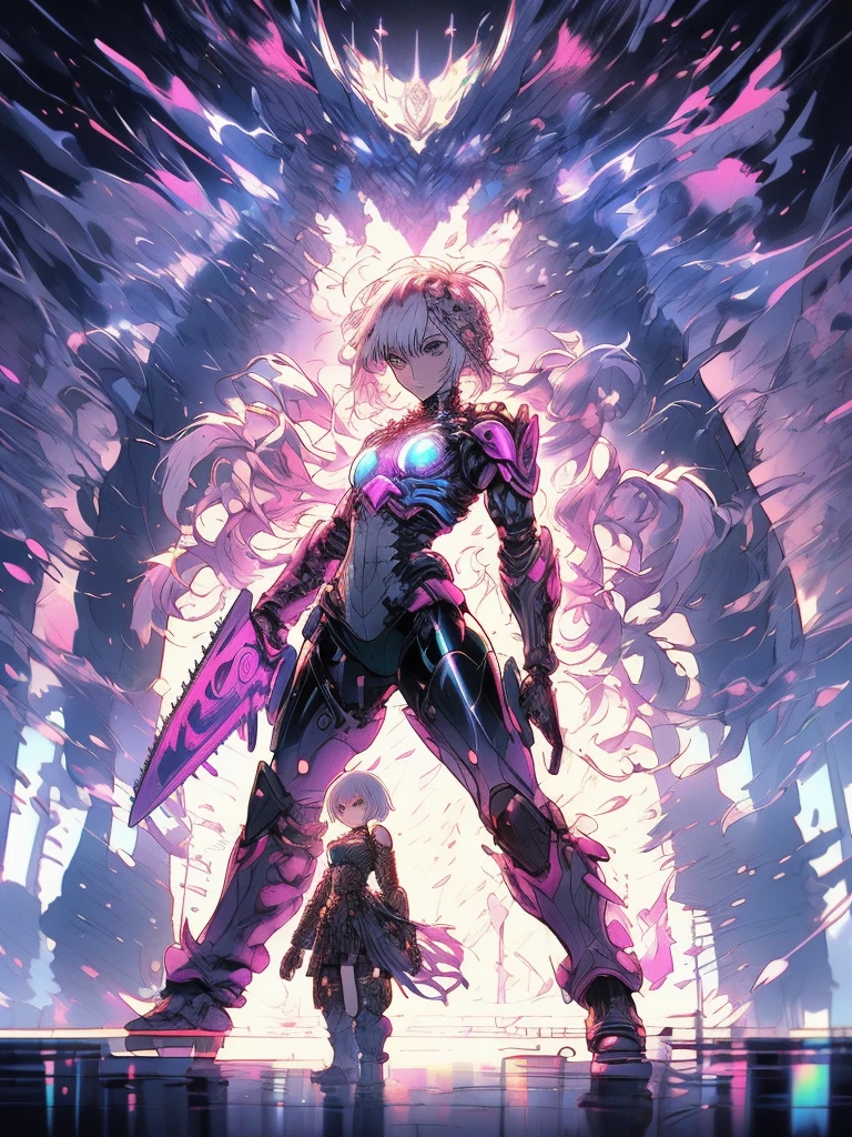 gwenpool, ((assassin style)),((Doragon)),water world,Colosseum,saibe,tattoo,no clothes,Savage,small bust,robot hand,Shoulder-length messy hair, no clothes,Detailed beautiful face,Delicate and beautiful eyes,shield,happy, mail, Super fine skin,Beautiful slim style anime girl, Super detailed painting, Luminism, Concept art by Carne Griffiths and Wadim Kashin, 4K resolution, Fractal isometric detail bioluminescence , 3D rendering, octane rendering, complexly detailed , ish, Trending isometric center hyperrealistic cover photo awesome full color on artstation, Hand Painted , Gritty, Realistic Mucha , complex, Hit definition , ish,rough sketch, Thick lines, on the paper, (saiber punk:1.4), frills,lace,frills,lace,frills,lace
BREAK
((Cool oversized chainsaw in hand)), ((Super large cool weapon machine)),open stance, Action pose,
White background,simple background,Wide-angle lens