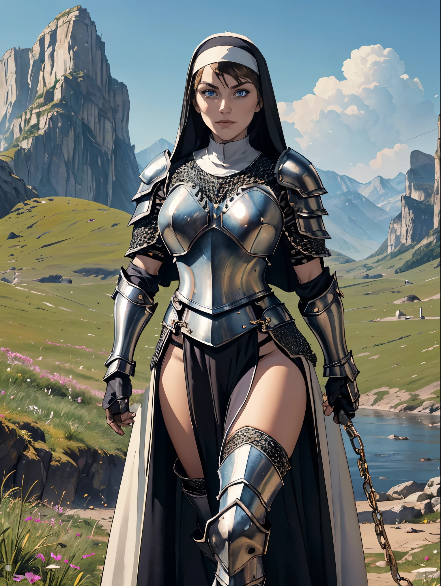 (masterpiece, top quality, best quality, official art, beautiful and aesthetic:1.2), (1girl:1.3), ((Sharp facial features, sharp features, hawkish features)), ((blue eyes)), busty brunette paladin knight girl, extremely detailed, portrait, looking at viewer, solo, (full body:0.6), detailed background, full-body shot, (warm mountain meadow theme:1.1), holy knight, (nun), charlatan, smirk, mysterious, swaying in mountains, armor, polished metal, gold trim, long boots, white fabric, pelvic curtain, robe, pale leather, ((((nun, holy aura, mace, heavy armor, armored, long legs, pelvic curtain, toned, muscular, chainmail)))), slim waist, slim hips, long legs, medieval (mountain exterior:1.1) background, dark mysterious lighting, shadows, magical atmosphere, dutch angle