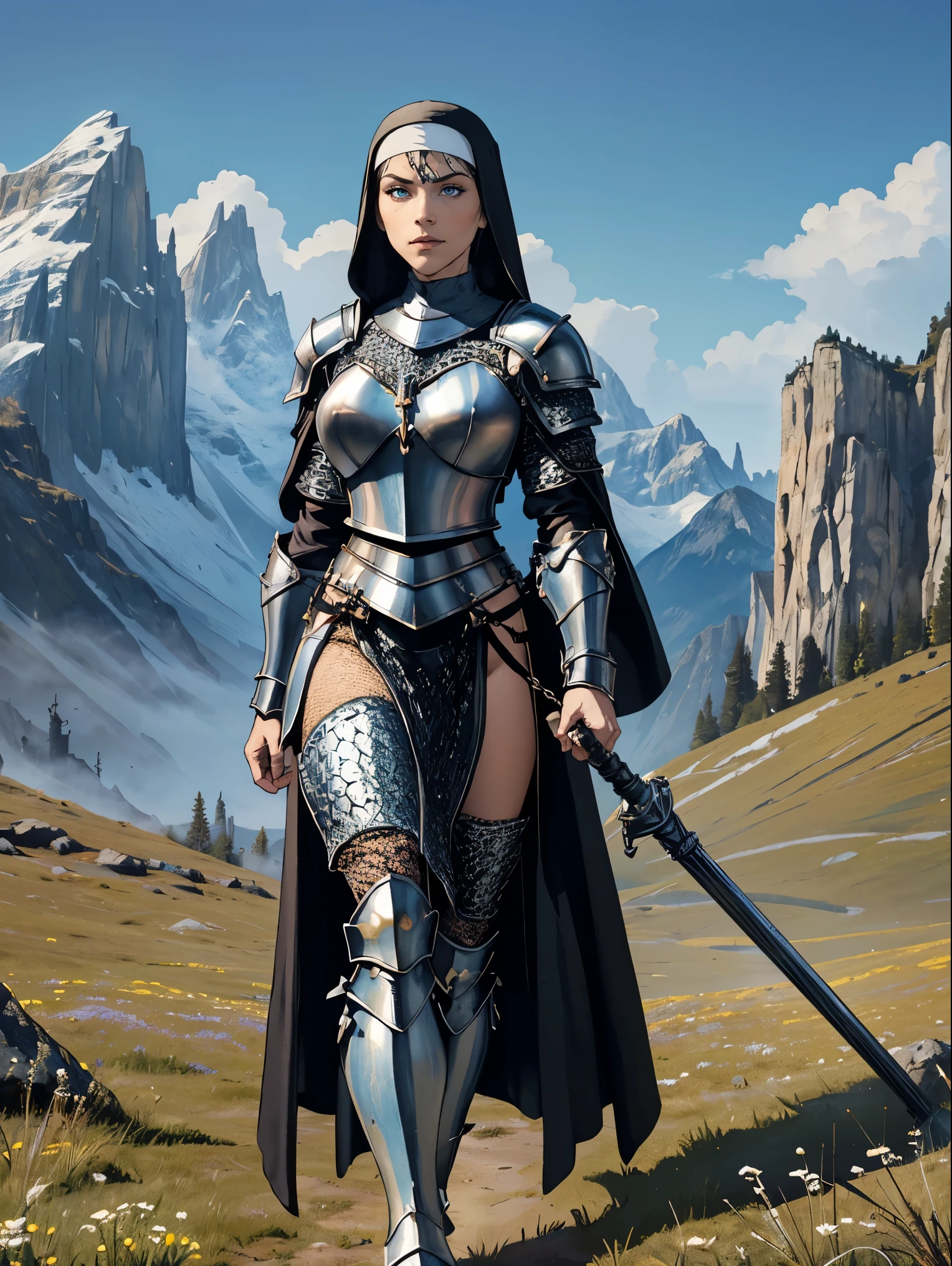 (masterpiece, top quality, best quality, official art, beautiful and aesthetic:1.2), (1girl:1.3), ((Sharp facial features, sharp features, hawkish features)), ((blue eyes)), busty brunette paladin knight girl, extremely detailed, portrait, looking at viewer, solo, (full body:0.6), detailed background, full-body shot, (warm mountain meadow theme:1.1), holy knight, (nun), charlatan, smirk, mysterious, swaying in mountains, armor, polished metal, gold trim, long boots, white fabric, pelvic curtain, robe, pale leather, ((((nun, holy aura, mace, heavy armor, armored, long legs, pelvic curtain, toned, muscular, chainmail)))), slim waist, slim hips, long legs, medieval (mountain exterior:1.1) background, dark mysterious lighting, shadows, magical atmosphere, dutch angle
