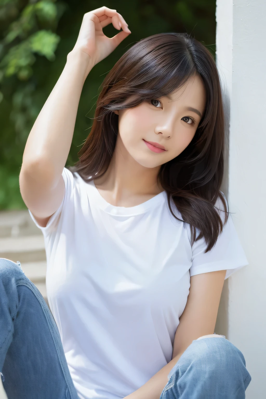 Mastepiece, highest quality, figure, Super fine, be familiar with, High resolution, 8K Wallpaper, Perfect dynamic composition, whole body, Beautiful eyes in every detail, 20-year-old women, Natural lips, Wearing a white T-shirt, Asian Woman, White T-shirt, Normal size breasts, The pose is facing forward, T-shirts are short sleeves, Pants are jeans, T-shirts worn over jeans, A slightly longer T-shirt, slightly larger T-shirt