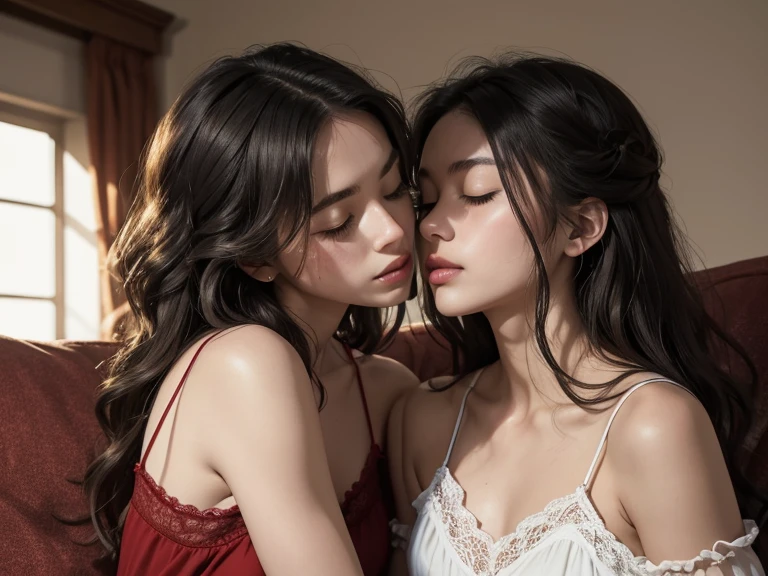 peeking perspective, 2 intimated young women, drunk, messy hair, one as 25 years old, another as 32 years old, lip touching amorously and soulfully, eyes closed, one above another, making out on sofa, one wearing white-strap-tops, lace, another wearing red-slip-dress, in the afternoon