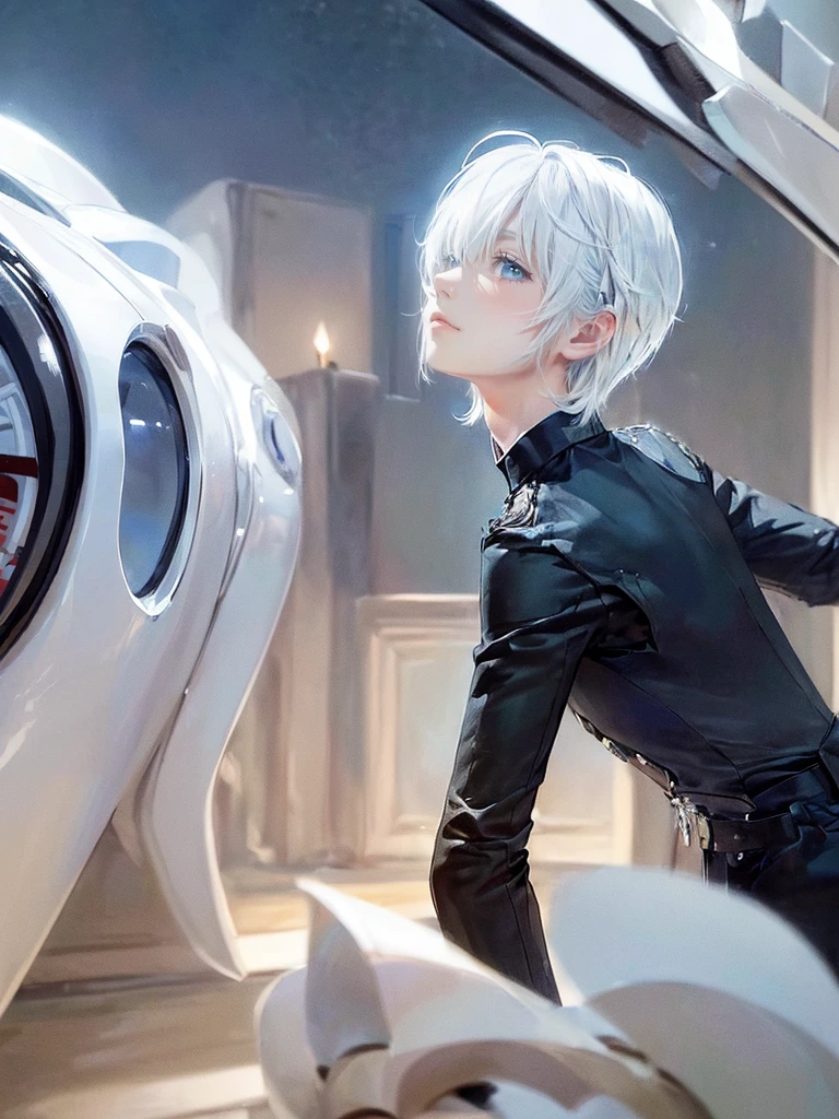 ((4K works))、​masterpiece、(top-quality)、One beautiful boy、Slim body、tall、((Black Y-shirt and white pants、Charming British knight style))、Please wear one jacket、(Detailed beautiful eyes)、Fantastic Night City、((City under the stars))、Fantastic city at midnight、((Face similar to Carly Rae Jepsen))、((Short-haired white hair))、((Smaller face))、((Neutral face))、((Bright blue eyes))、((American adult male))、((Adult male 26 years old))、((Cool Men))、((Like a celebrity))、((Crying expression))、((sad look))、((Korean Makeup))、((elongated and sharp eyes))、((Happy dating))、((boyish))、((Upper body photography))、Professional Photos、((Shot alone))、((She is looking up at the sky under the roof))、((Shot from the side))、((Crying profile))、((Face crying in pain))、((He is looking upwards))、((His eyes are looking down))、((He stands next to the viewer))、((He who cries))、I'm crying on a stick.、Man crying while standing、Solitude、saddened、desolate、suffocating、heartbreaking、auw