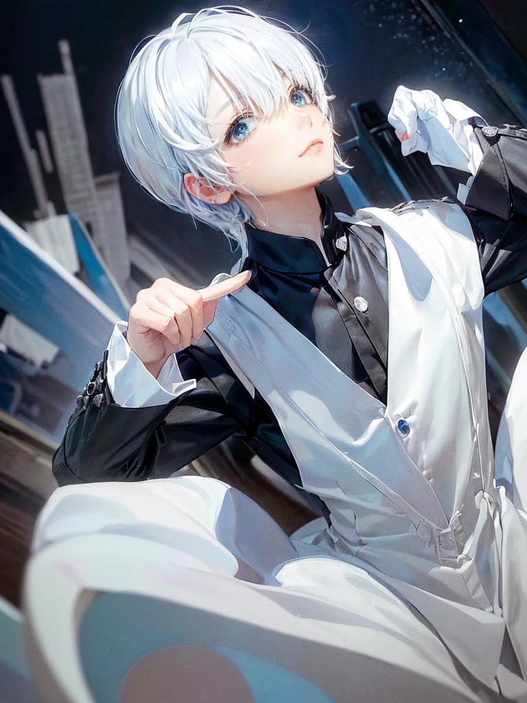 ((4K works))、masterpiece、(top-quality)、One beautiful boy、Slim body、tall、((Black Y-shirt and white pants、Charming British knight style))、Please wear one jacket、(Detailed beautiful eyes)、Fantastic Night City、((City under the stars))、Fantastic city at midnight、((Face similar to Carly Rae Jepsen))、((Short-haired white hair))、((Smaller face))、((Neutral face))、((Bright blue eyes))、((American adult male))、((Adult male 26 years old))、((Cool Men))、((Like a celebrity))、((Crying expression))、((sad look))、((Korean Makeup))、((elongated and sharp eyes))、((Happy dating))、((boyish))、((Upper body photography))、Professional Photos、((Shot alone))、((She is looking up at the sky under the roof))、((Shot from the side))、((Crying profile))、((Face crying in pain))、((He is looking upwards))、((His eyes are looking down))、((He stands next to the viewer))、((He who cries))、I'm crying on a stick.、Man crying while standing、Solitude、saddened、desolate、suffocating、heartbreaking、auw