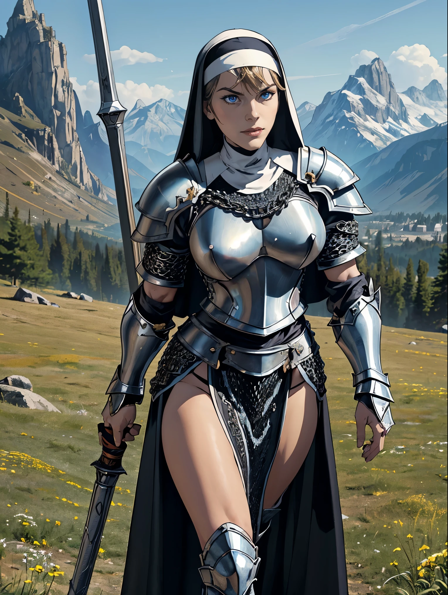 (masterpiece, top quality, best quality, official art, beautiful and aesthetic:1.2), (1girl:1.3), ((Sharp facial features, sharp features, hawkish features)), ((blue eyes)), busty brunette paladin knight girl, extremely detailed, portrait, looking at viewer, solo, (full body:0.6), detailed background, full-body shot, (warm mountain meadow theme:1.1), holy knight, (nun), charlatan, smirk, mysterious, swaying in mountains, armor, polished metal, gold trim, long boots, white fabric, pelvic curtain, robe, pale leather, ((((nun, holy aura, mace, heavy armor, armored, long legs, pelvic curtain, toned, muscular, chainmail)))), slim waist, slim hips, long legs, medieval (mountain exterior:1.1) background, dark mysterious lighting, shadows, magical atmosphere, dutch angle