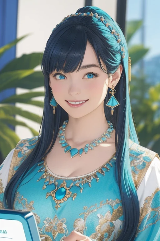 masterpiece, highest quality, Super detailed, figure,(One girl),Beautiful fine details, View Viewer, (Holding a computer keyboard), Happy, (Turquoise Hair:1), (Blue round eyes:1), (Round earrings), (turquoise large gemstone necklace), Cute round face, Long Hair, smile, Fantasy Chinese Clothing