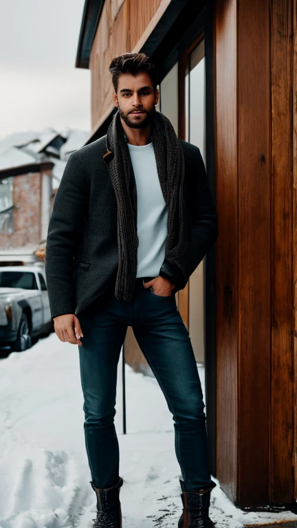 Tall strong handsome man with Nordic features of brown to shoulder hair with black wearing dark grey snow boots with white, light blue worn jeans, black fitted long sleeve shirt, piercing on his left eyebrow, leaning on a metal pole in front of a cafe on top of an icy mountain