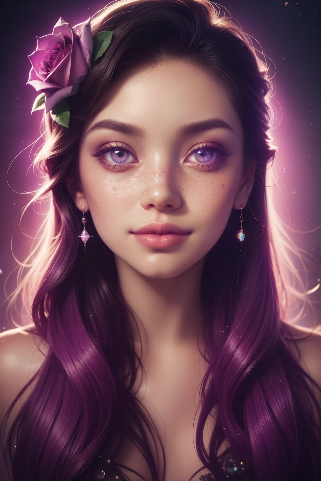 (This is a beautiful rainbow fantasy image that feels interesting and emphasizes glitter and iridescence.) Generate a ((blind)) curvy woman with colorful curly hair and milky eyes. Her face is important and is perfectly formed with puffy lips and perfect features. (Her eyes are critically important). The image exudes ethereal beauty and soft fantasy. Include sweet and detailed birds and soft, luminous flowers in all the colors of the rainbow. The image's background is decorated in shades of pink, shimmer, glitter, and fantasy details like colored bubbles and cosmos. Utilize dynamic composition to create a compelling and action-packed image. Dramatic lighting and cinematic lighting enhance the woman's beauty and the soft colors in the artwork. (((((Perspective: head on.))))) Include fantasy, cute, colorful, colourful, interesting magic background, (smirking), ((birthmark on lip)), ((pretty lips)), beautiful background, complex background, sweet background, (((rainbow))), subtle freckles, natural freckles, Surround her with eternal roses in shimmering shades. Add whimsical details like stars, bubbles, and glitter for an enchanting touch. Ensure perfection in her face, hair, and eyes. Incorporate elements of high fantasy, whimsy, and detailed elegance. English rose, princess, courtesan, noblewoman, sweet, lovely, calm, lovely, shimmering, glimmering, glittering, astrological fantasy, (((masterpiece))), (highest quality), magic rose, fantasy garden, beautiful face, perfect face, puffy lips, interesting, shy smile, fantasy elements, magic rose, beautiful eyes, perfect puffy lips, jewel tones, luminosity