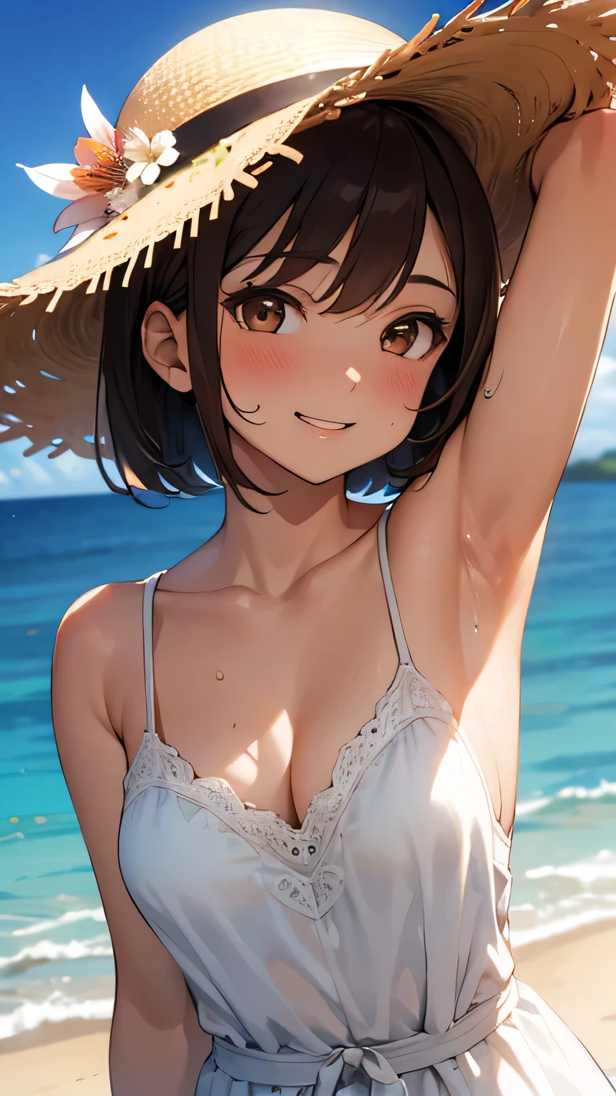 (Best quality, dynamic lighting, highly detailed, HDR) Brown haired young woman, mature, beautiful, bob hair, brown eyes, slim, medium-small breasts, white floral summer dress, summer hat, bare shoulder, cleavage, sleeveless, sweaty, sexy armpit, cheeky smile, head shot, beach background.