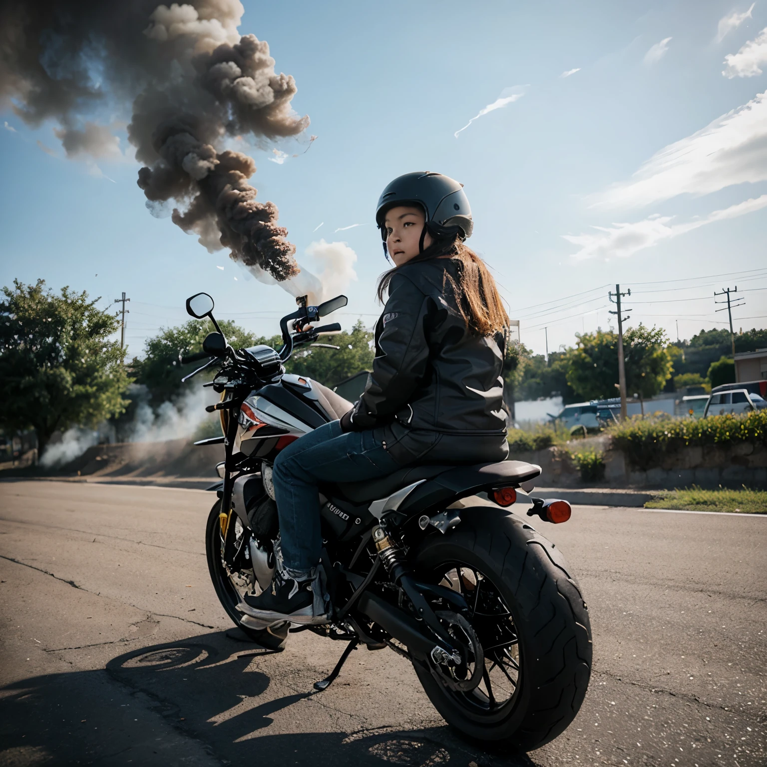 Girl kid riding motorcycle with exhaust smoke