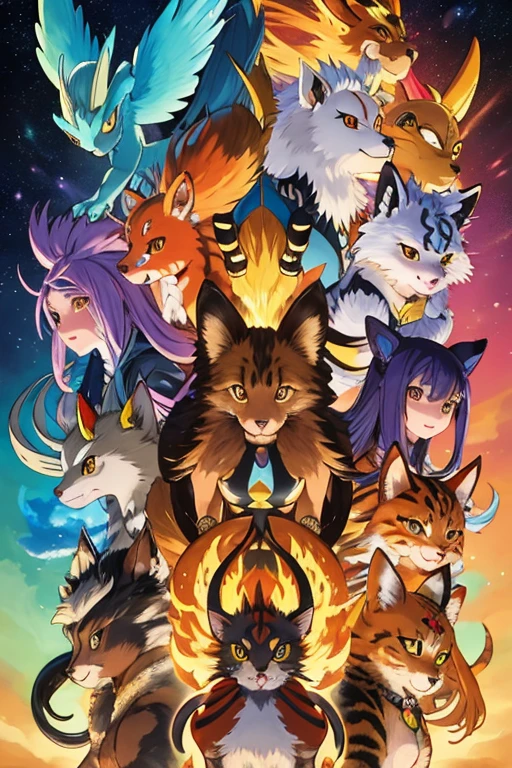 animal illustrations,mixed species,different kinds of animals,various species,diverse animals,digimon evolution，Ultimate Evolution，perfect body，ultimate body，horse，There is personification，digimon evolution，Ultimate Evolution，perfect body，ultimate body，UFO，有horse，There is personification，There is a cat girl