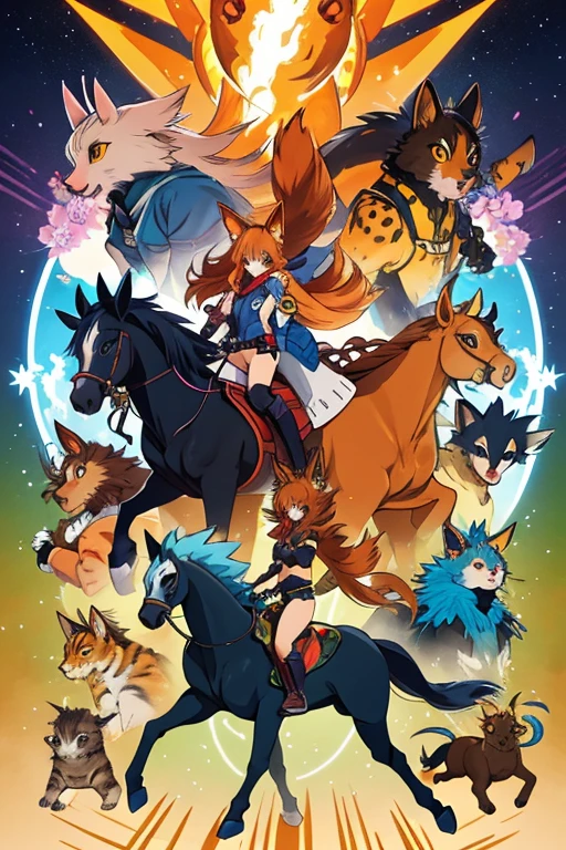 animal illustrations,mixed species,different kinds of animals,various species,diverse animals,digimon evolution，Ultimate Evolution，perfect body，ultimate body，horse，There is personification，digimon evolution，Ultimate Evolution，perfect body，ultimate body，UFO，有horse，There is personification，There is a cat girl