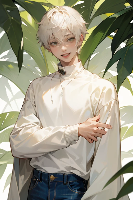 1boy, upper body, short white hair, tall, white skin tone,personification,green eyes, white sweatshirt, alongside jeans, laughs, Dog collar around neck, soft light, 8K, masterpiece, cute staring at viewer, cutie lugh,pixiv,laughing