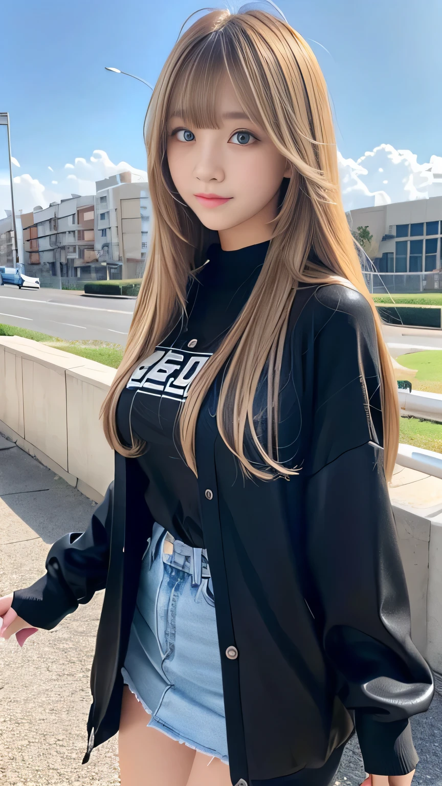 Sexy big 、Sexy cute looks and cute 15 year old beautiful girl, Beautiful and sexy face、A strong wind blows my hair in front of my face、With straight blonde hair、Beautiful, cute and sexy eyes hidden behind long bangs、Gal outfit