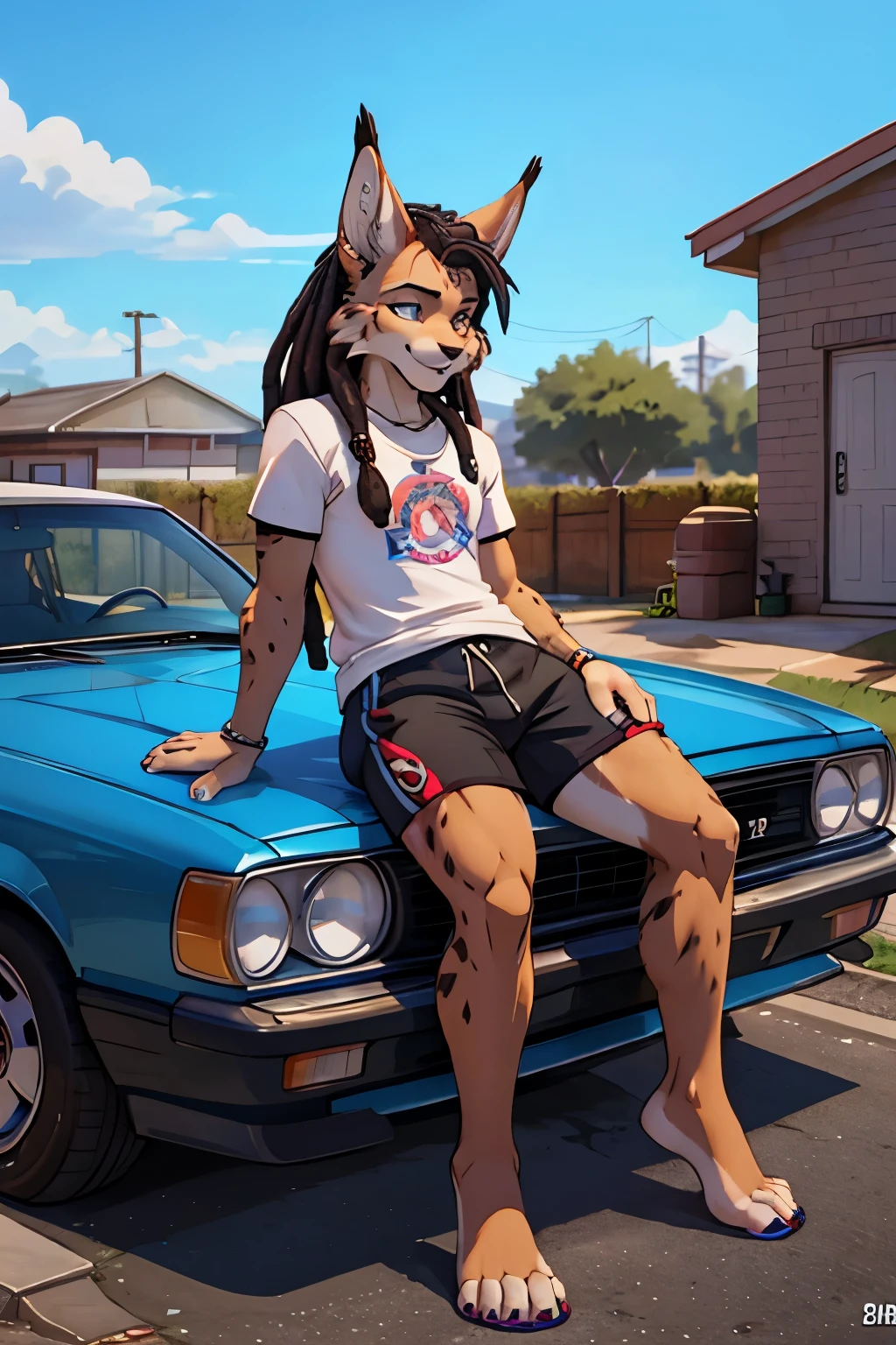 Athletic toned lynx, feminine male, shorts, sleevless tshirt, African, ghetto, GTA style, hip hop, 1990s, barefoot, on car, long wild dreadlocks