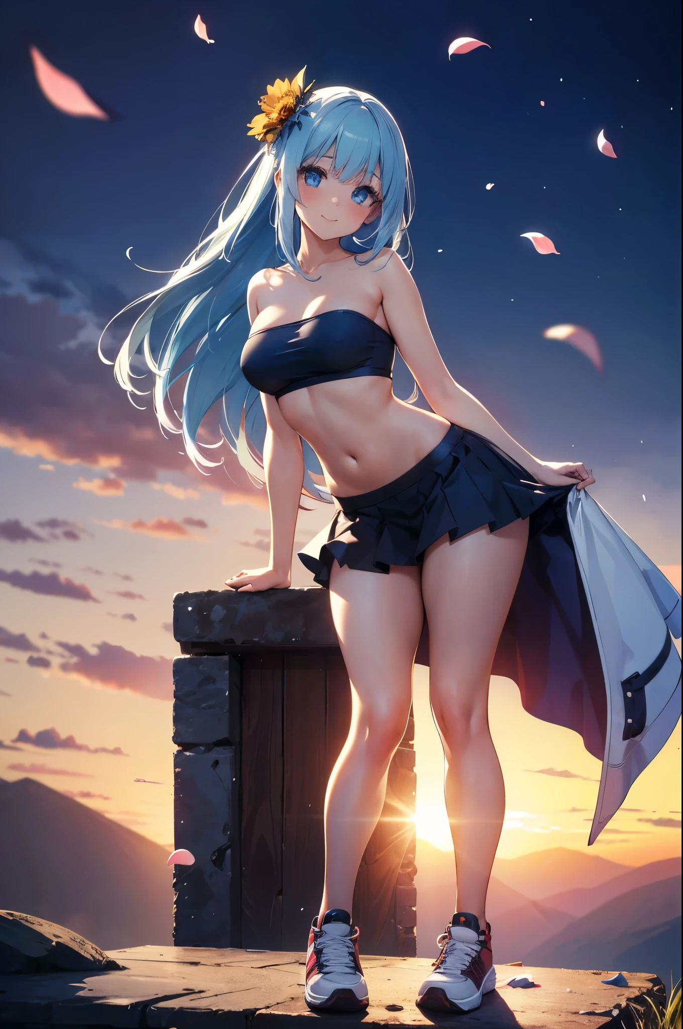 realistic image, detailed image, coherent image, 1 beautiful girl, she has very long hair, light blue hair, blue eyes, smiling expression. She is wearing a strapless top, showing her navel, a thin thong, a pleated miniskirt, sneakers, She has a curvy body, medium breasts and thick thighs, She is standing, legs crossed, arching her back, surrounded by bottles of alcohol , background of a mountainous landscape, flower petals falling around, sunset, twilight, Soft focus, full body view, Dramatic shadows, Volumetric lighting, natural lighting,