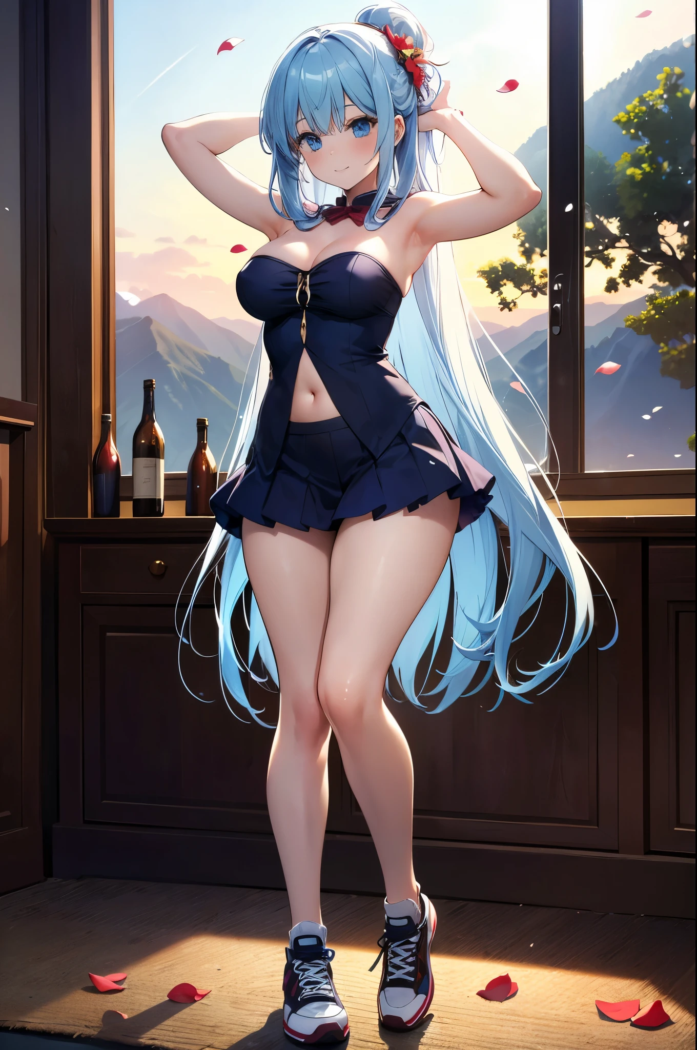 realistic image, detailed image, coherent image, 1 beautiful girl, she has very long hair, light blue hair, blue eyes, smiling expression. She is wearing a strapless top, showing her navel, a thin thong, a pleated miniskirt, sneakers, She has a curvy body, medium breasts and thick thighs, She is standing, legs crossed, arching her back, surrounded by bottles of alcohol , background of a mountainous landscape, flower petals falling around, sunset, twilight, Soft focus, full body view, Dramatic shadows, Volumetric lighting, natural lighting,