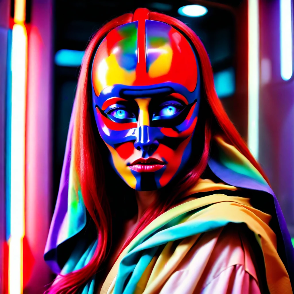 Portrait of a female jedi, long red hair, biomechanical mask, purple, the hybrid of beauty of heaven and earth, pastel candy colors, 2.5D illustration, scintillate, Photojournalism photo, shot on Kodak Ektar 100, Natural Light, using a Sony A7R IV, Anamorphic lens, Medium Shot angle, in the style of Helmut Newton, in a Nostalgic atmosphere, star wars, --style raw --s 677 --ar 4:7