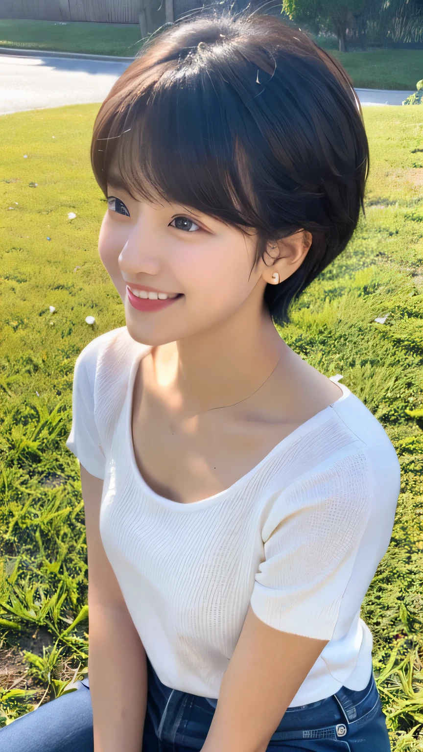 Female student masterpiece Very cute Natural atmosphere boyish 16 years old Pixie Cut Dimples mole A clear smile