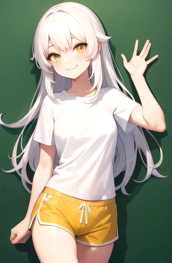 The girl with long white hair and yellow eyes, wearing a white t-shirt and shorts, also wearing long white socks, showed a smiling expression.