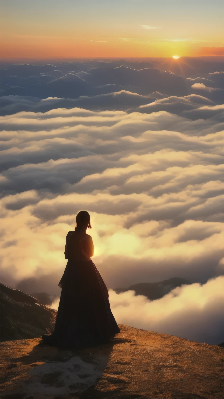 A woman looking at the endless sea of clouds from the top of a mountain, faintly encountering the sunrise, beautiful scene, mysterious scenery, detailed details, 8K,
